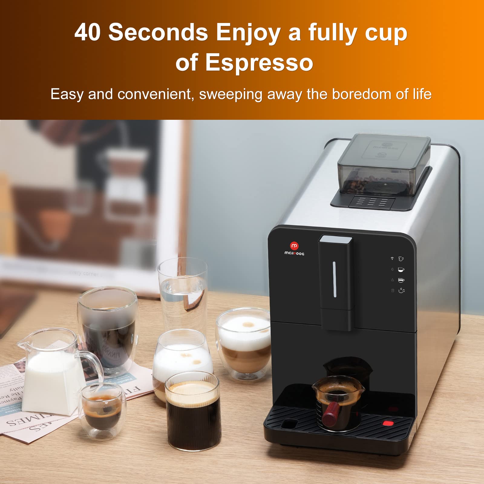 Mcilpoog Super Automatic Espresso Coffee Machine with Built-in Grinder - 19 Bar Pressure, WiFi & Touch Screen Control, Bean to Cup System - Perfect for Home, Office or Cafe Use