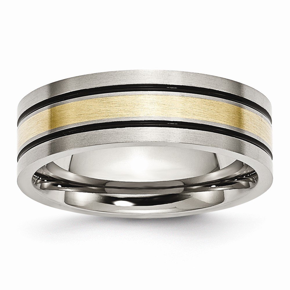 Black Titanium & 14K Gold Inlay Ring - 7mm Flat Brushed Band for Men's Wedding & Fashion