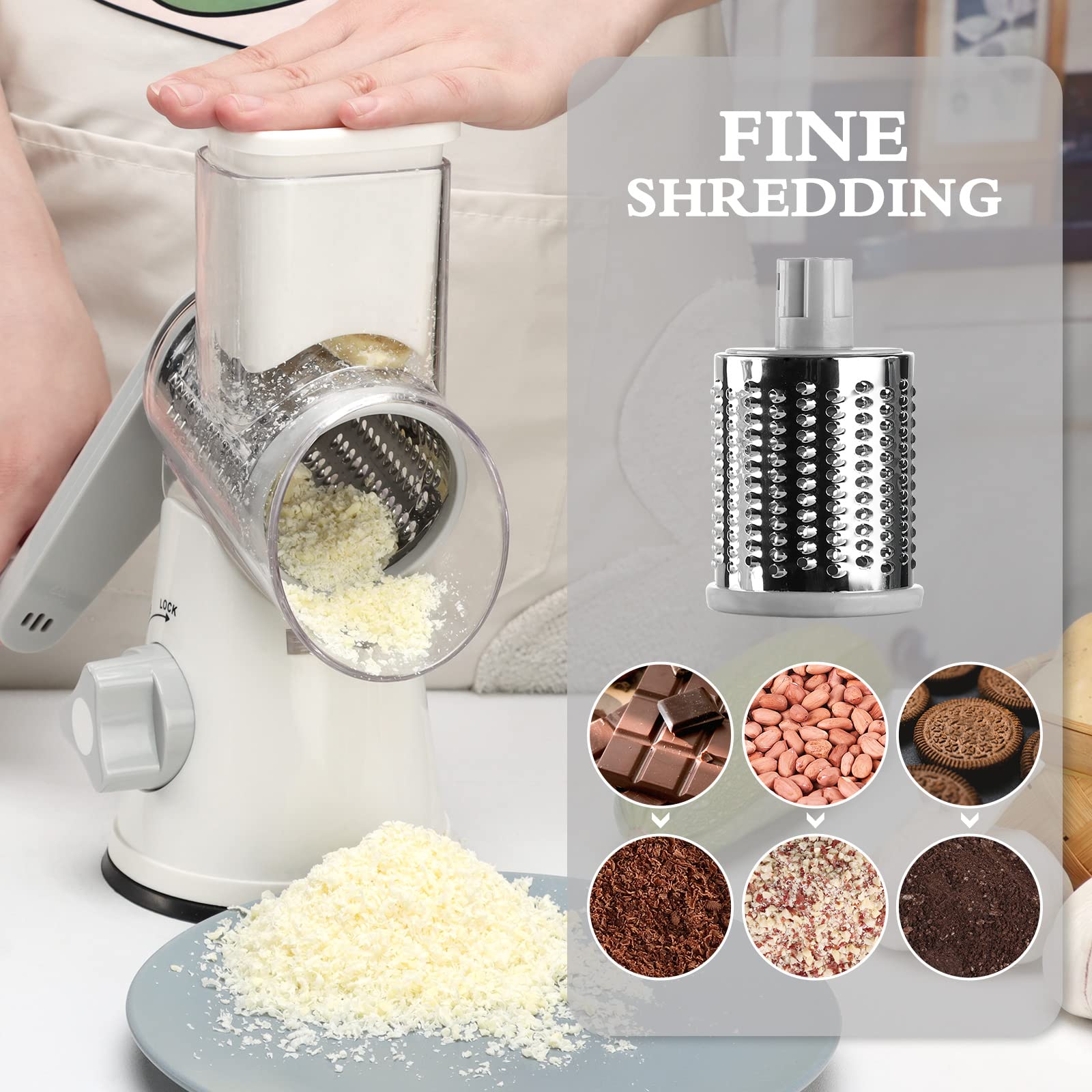 Premium Rotary Cheese Grater with Strong Suction Base - 3 Stainless Steel Drum Blades - Hand Crank Vegetable Slicer for Potatoes, Hash Browns & Nuts - White Kitchen Gadget for Effortless Meal Prep & Cooking