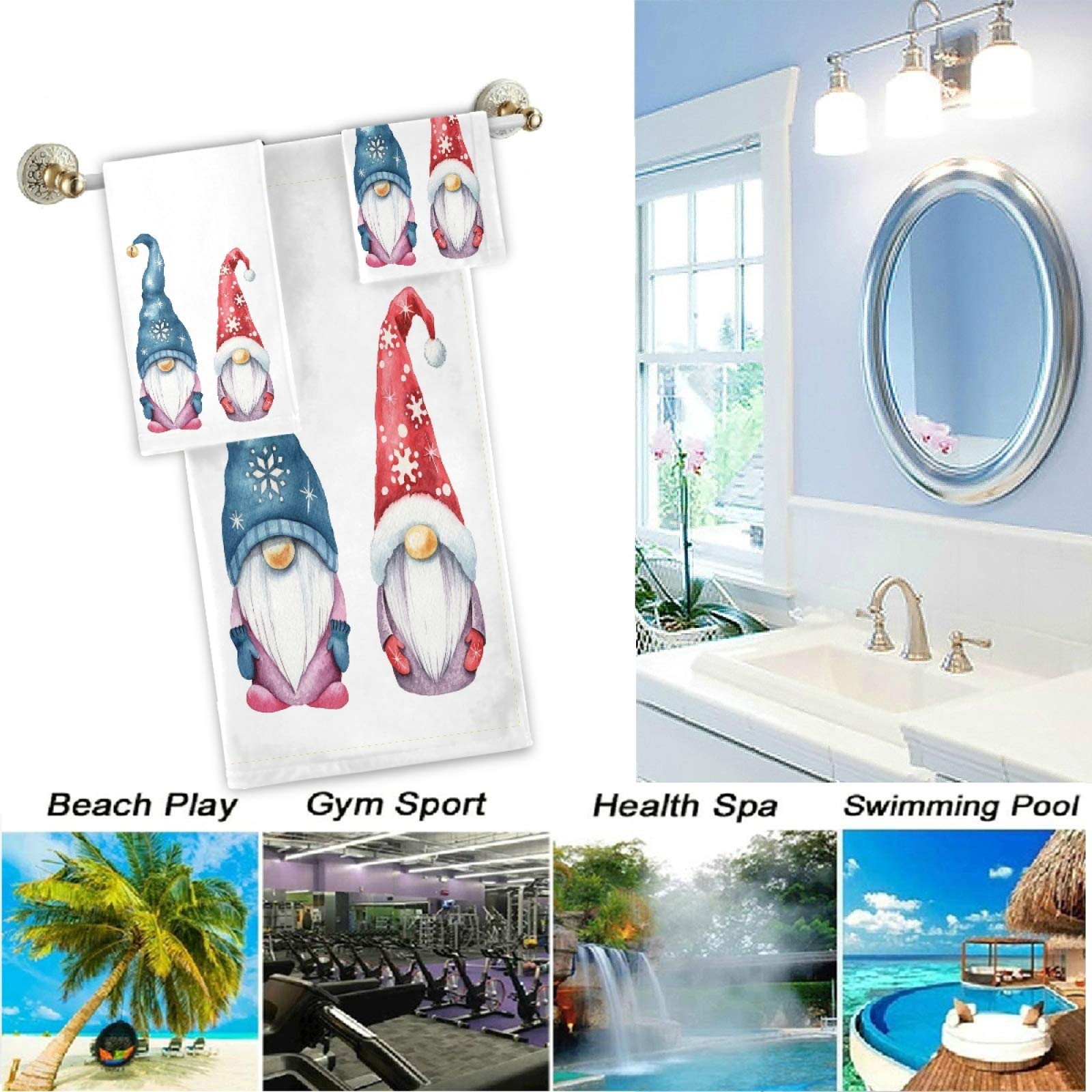 Cute Christmas Gnomes Soft Luxury Bath Towel Set - 3-Piece Decorative Towels (1 Bath, 1 Hand, 1 Washcloth) for Bathroom, Hotel, Gym, Spa & Kitchen - Perfect for Holiday Decor & Cozy Home Use