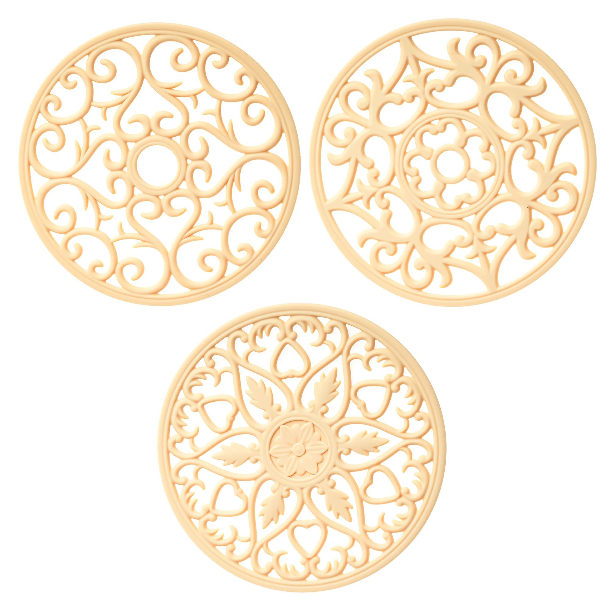 Heat Resistant Silicone Trivets Set of 3 - Non-Slip Pot Holders & Hot Pads for Kitchen Countertops, Dining Table - Modern Carved Design for Pots, Pans & Dishes (Beige) | Perfect for Serving Hot Meals, Protecting Surfaces & Stylish Kitchen Decor