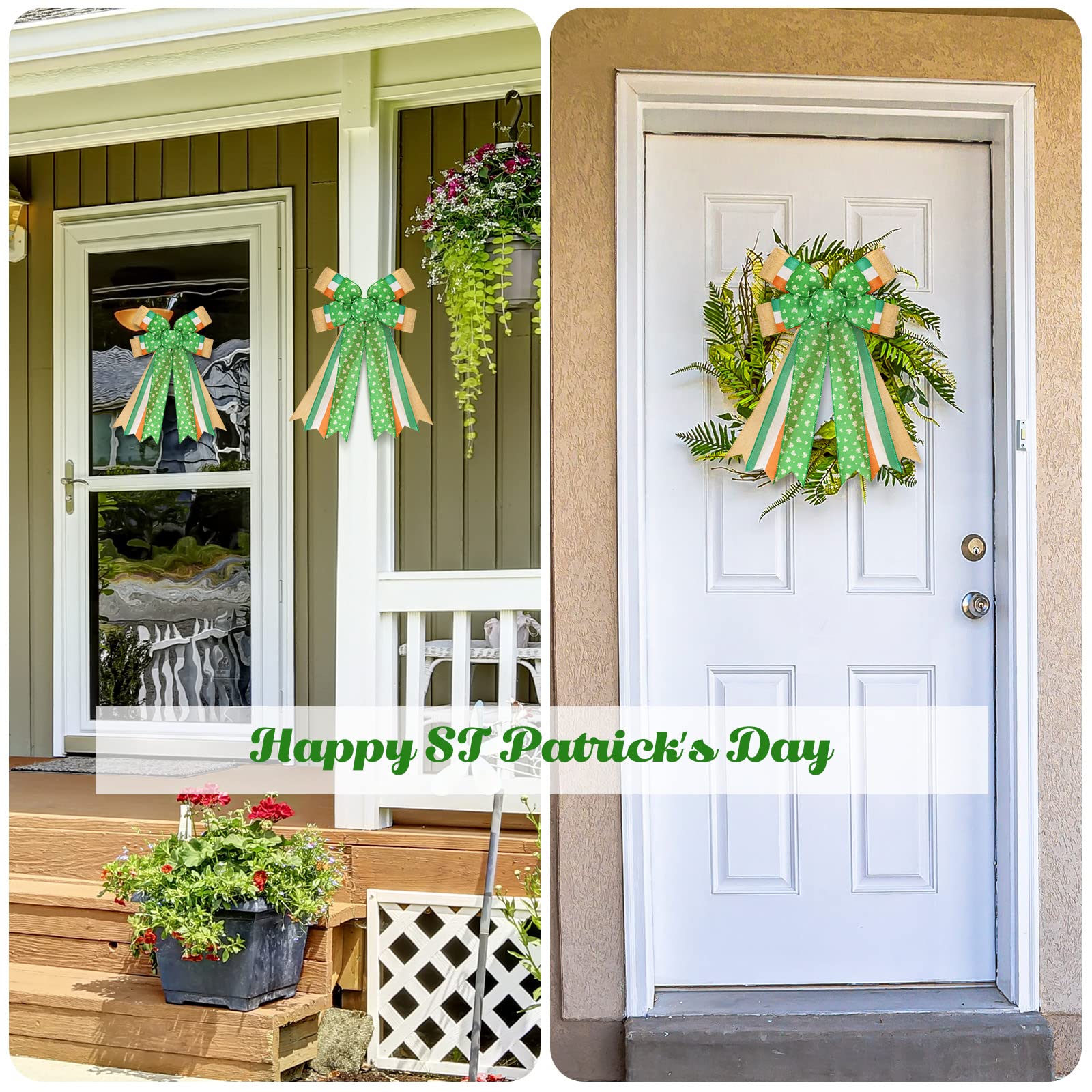 St. Patrick's Day Wreath Bow 2 Pack - Large 12x20 Inch Irish Shamrock Clover Bowknot for Holiday Decorations | Front Door Wreath Bows, Wall & Tree Ornaments | Perfect for St. Patrick's Day Party, Home & Office Decor