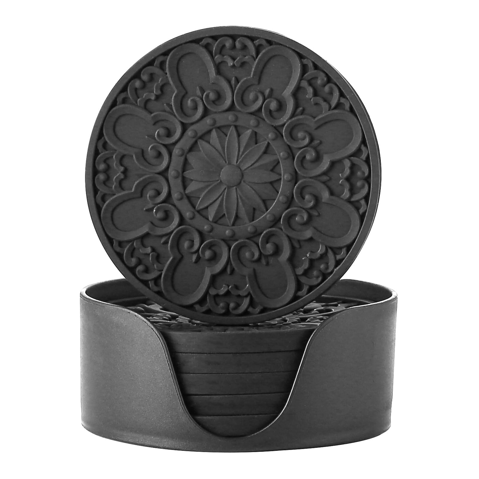 Colinda Silicone Drink Coasters Set of 6 with Holder - Non-Slip Cup Mats for Hot & Cold Beverages, Table Protection - 3 Stylish Patterns for Home, Office & Bar Decor (Black) - Perfect for Parties, Coffee Tables & Dining Protection