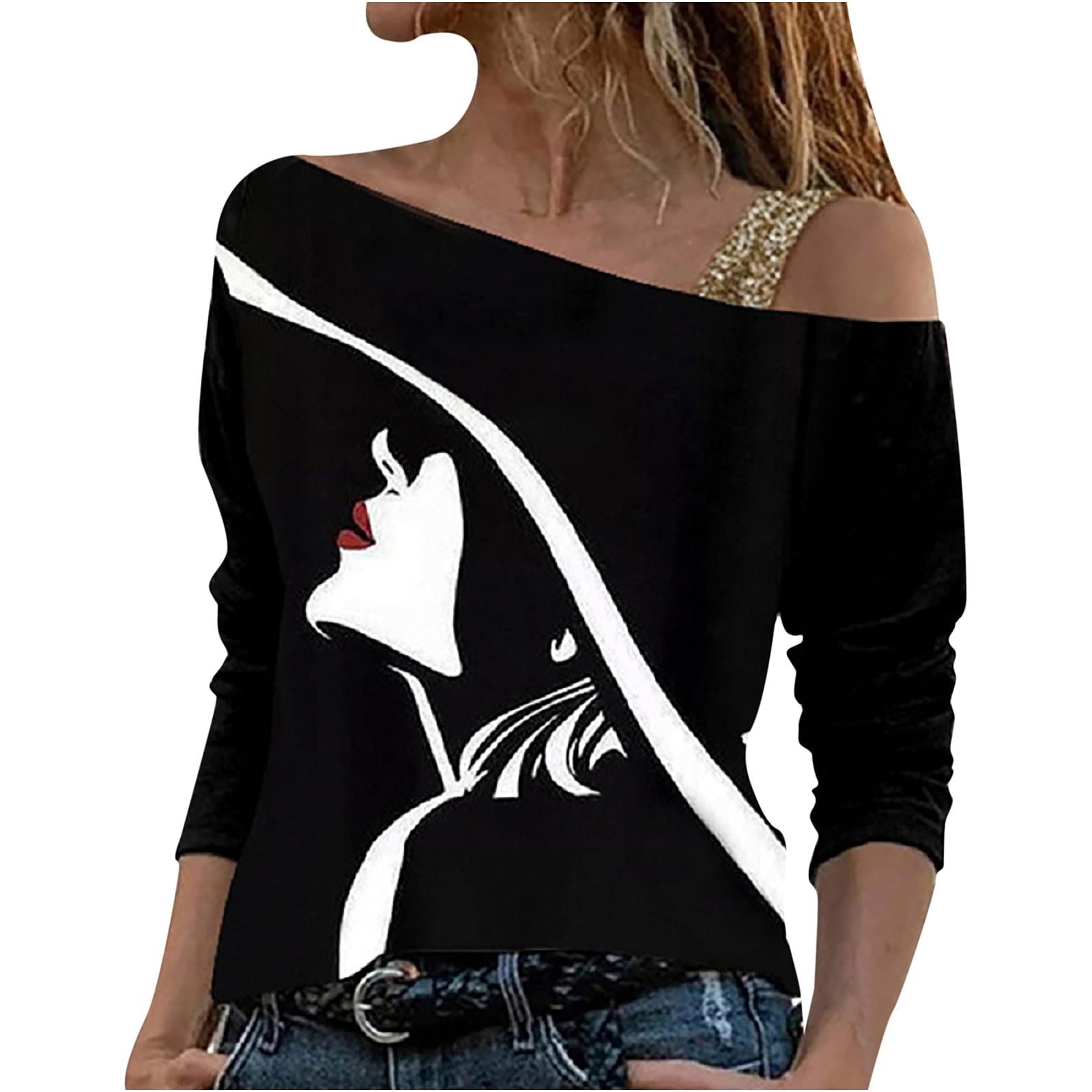 Women's Off Shoulder Long Sleeve Tops - Sexy Slim Fit Vintage Print Blouse for Fall | Casual Fashion Shirts Perfect for Date Night, Parties & Autumn Outfits
