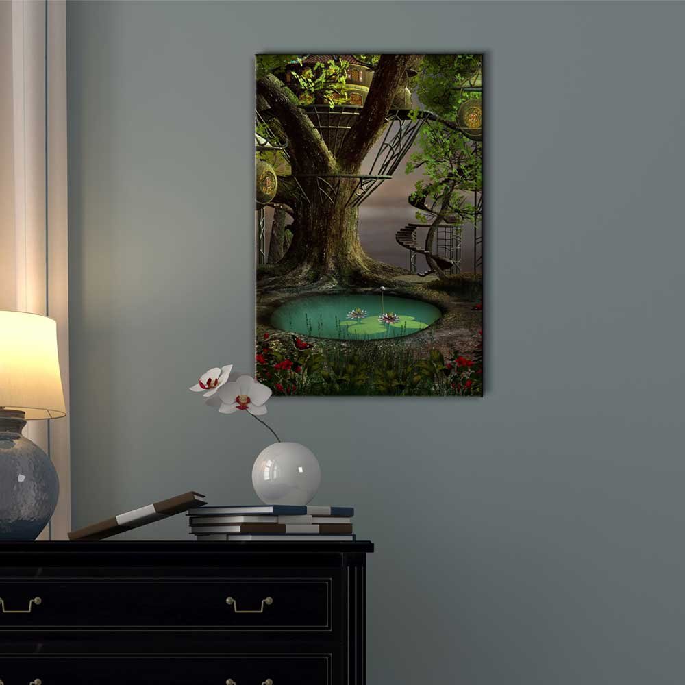 Enchanted Tree House Canvas Print - Beautiful Forest Wall Art, Modern Home Decor Stretched Gallery Wrap Giclee Print Ready to Hang - 12x18 inches - Perfect for Living Room, Bedroom & Office Decor