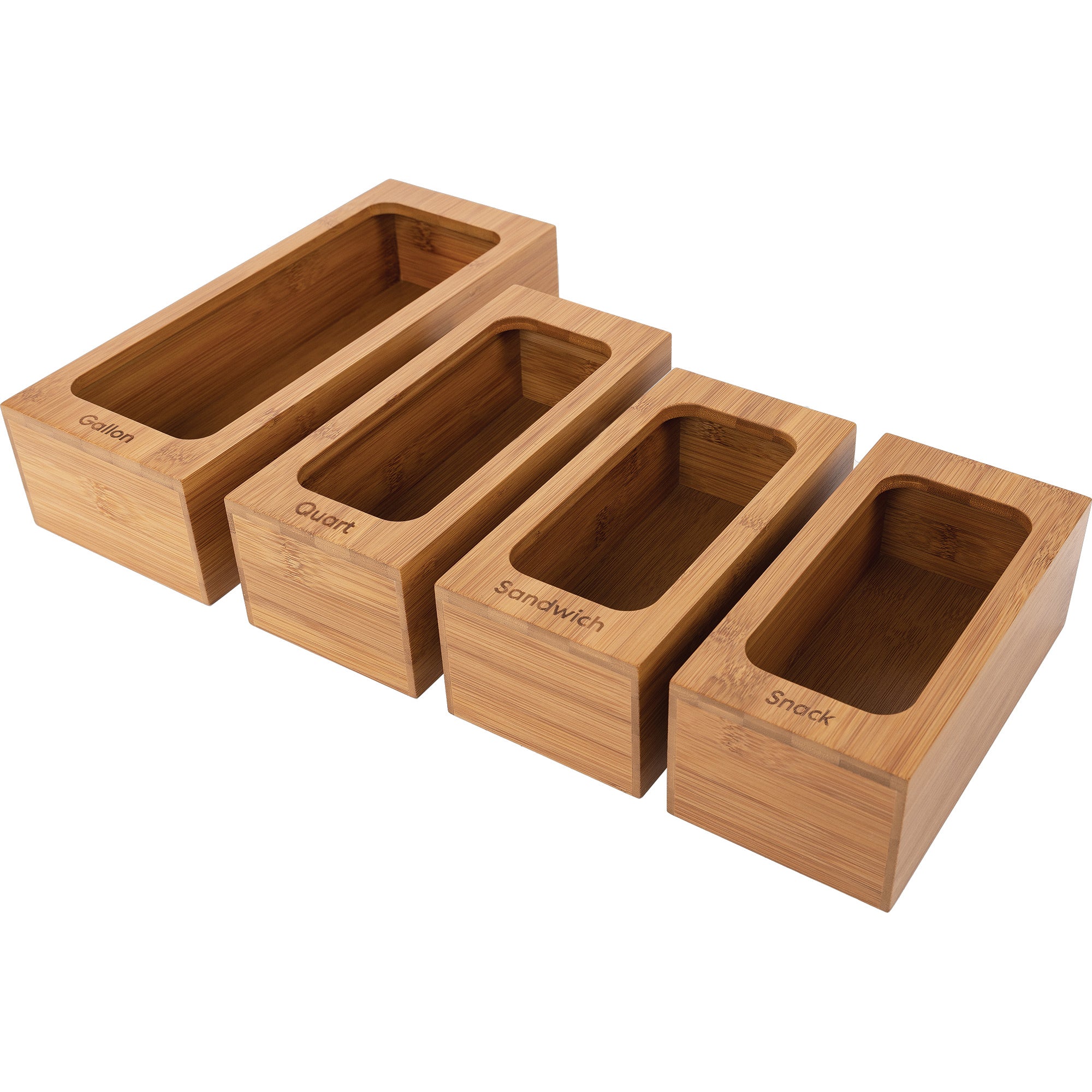 Eco-Friendly Bamboo Food Storage Bag Holder Set of 4 - Reusable Kitchen Organizer for Snacks, Produce & Leftovers | Perfect for Pantry, Fridge & Picnic Use
