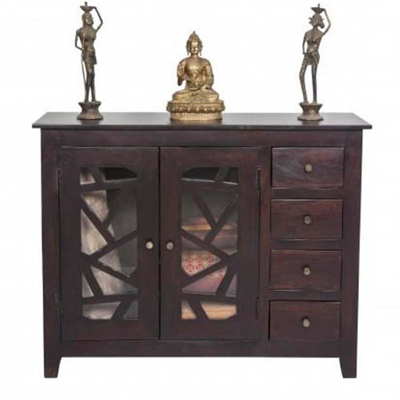 French Style Arched Glass Door Sideboard Cabinet - 1.3m Brown Wood Buffet Console Table for Dining Room, Living Room & Entryway Storage