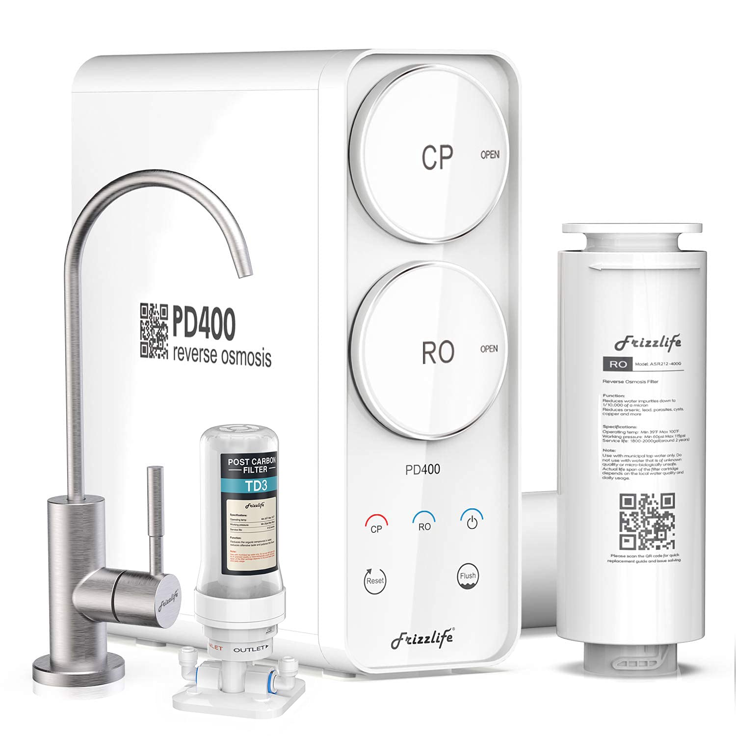 Frizzlife Tankless Reverse Osmosis Water Filtration System 400 GPD - Under Sink RO Filter with Quick Twist Design & TD-3 Post Carbon Filter | Pure Drinking Water for Home, Office, RV & Camping