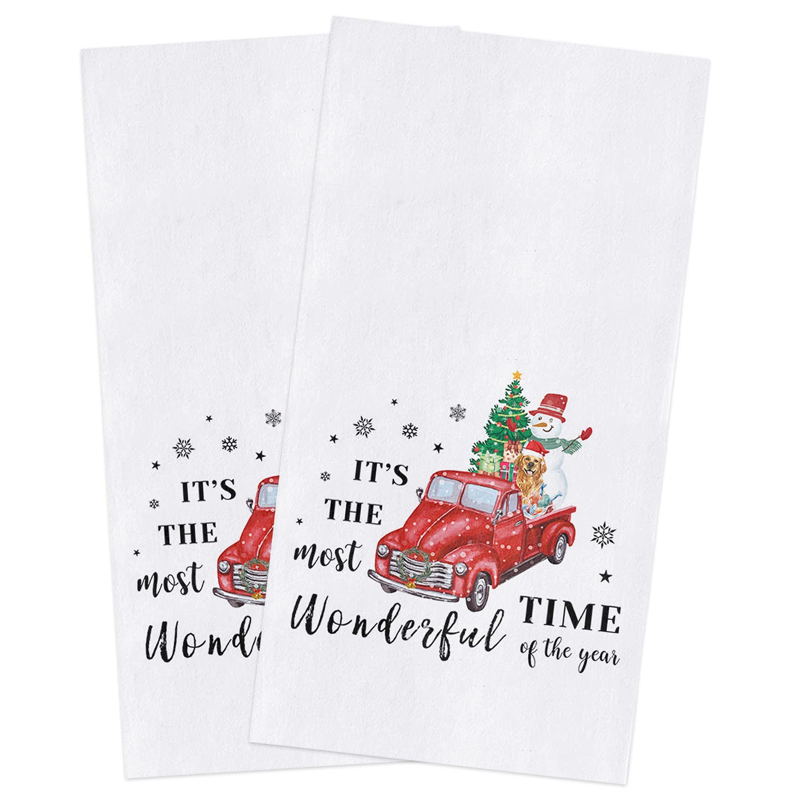 Zadaling Soft Cotton Kitchen Towels Set of 2 - 16x28 Inches Absorbent Dish Cloths, Tea Towels & Hand Towels - Christmas Snowman Truck Design for Holiday Decor & Kitchen Use