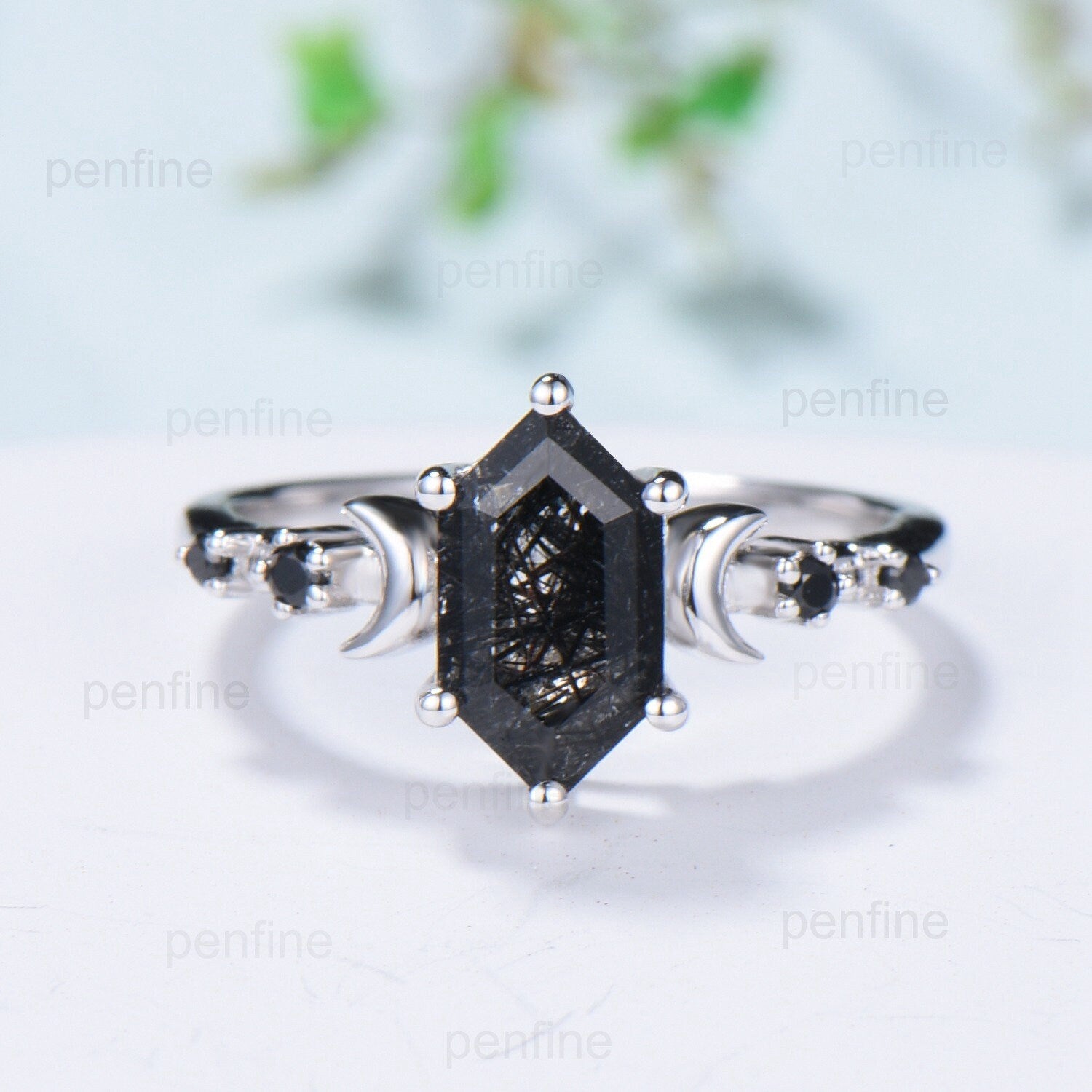 Black Rutilated Quartz Engagement Ring Set - Unique Hexagon Spinel Wedding Band for Women, Stackable Anniversary Ring for Her | Perfect for Proposals, Weddings, Stacking Jewelry Looks