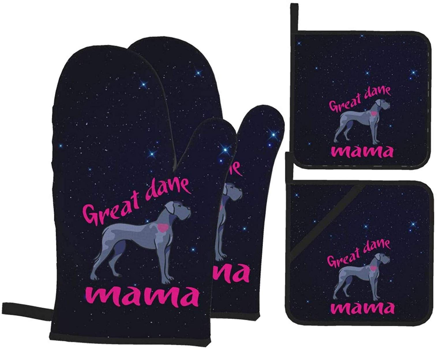 Great Dane Dog Lover Oven Mitt and Pot Holder Set of 4 - Heat Resistant Kitchen Accessories for Baking, BBQ & Cooking - Perfect Gift for Dog Moms & Pet Lovers