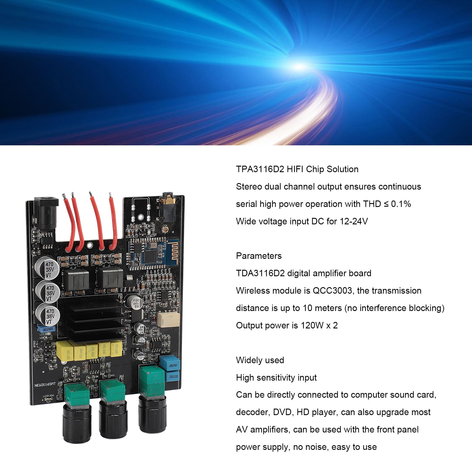 TDA3116D2 QCC3003 120W Dual Channel Bluetooth Amplifier Board, DIY Wireless Speaker Kit for PC, Home Theater, Car Audio, and Multimedia Systems