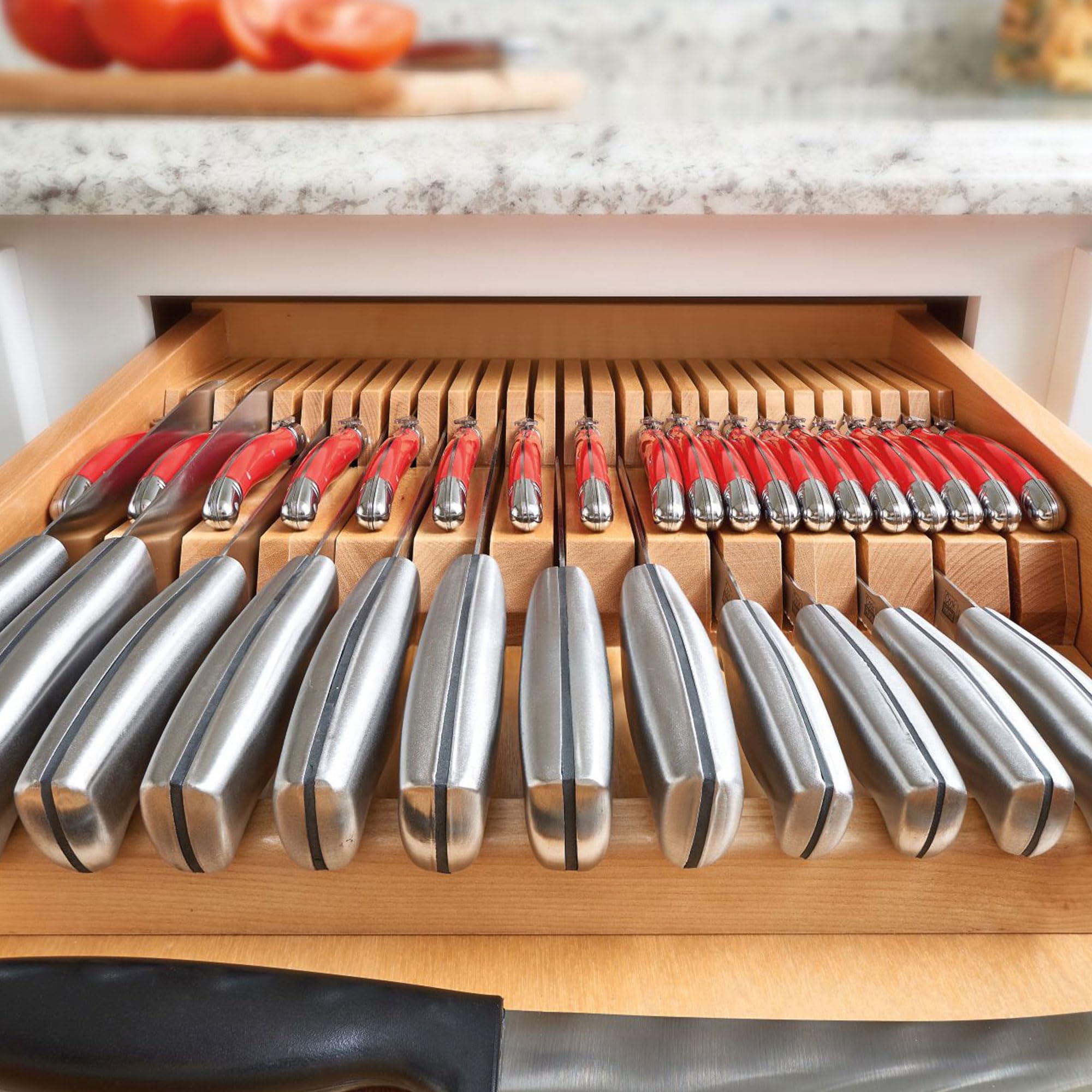 Rev-A-Shelf Dual Row Adjustable Knife Block Drawer Organizer - 55 Slot Wooden Cutlery Tray for Kitchen Utensils Storage (Model 4WDKB-1) - Perfect for Kitchen Drawer Organization & Knife Safety