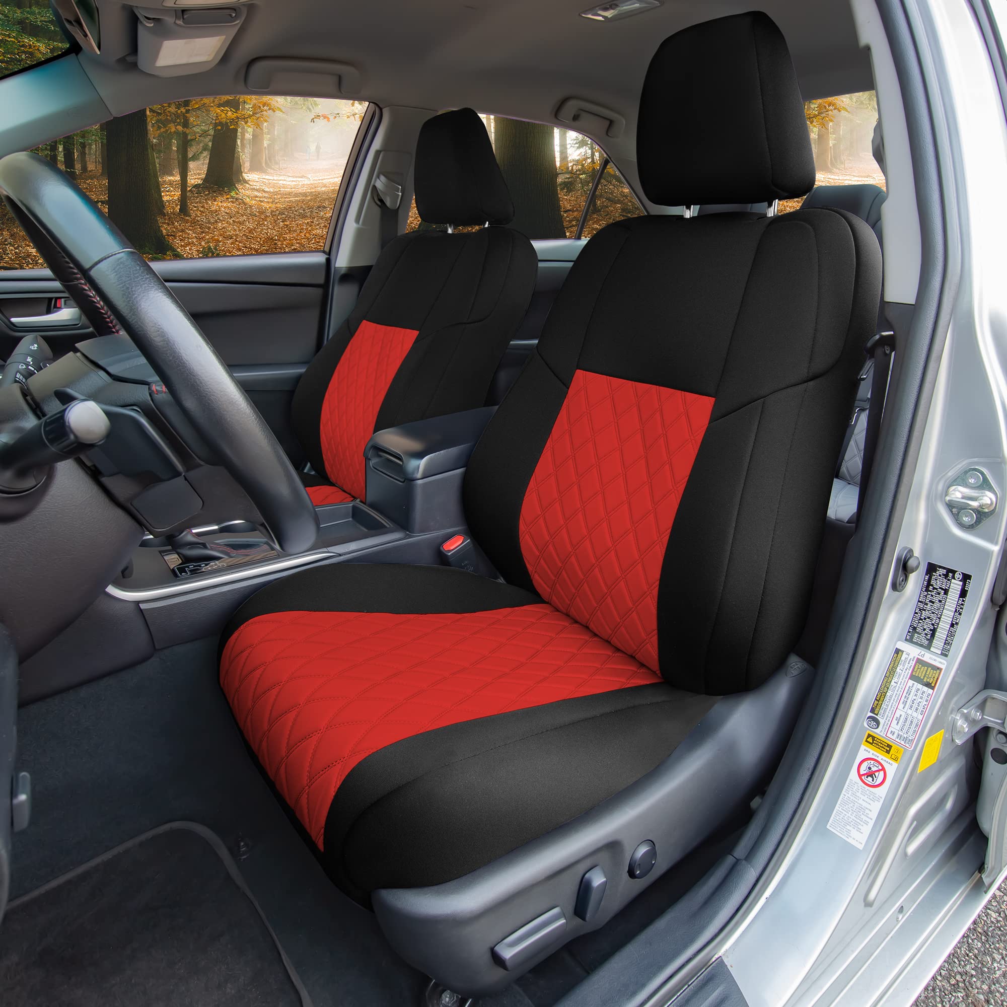 Premium Custom Fit Neoprene Seat Covers for Toyota Camry LE/SE/XSE/XLE (2012-2017) - Waterproof Front Seat Covers Set in Red & Black | Durable Interior Accessories for Car Protection & Style | Perfect for Daily Commute, Road Trips and Outdoor Adventures
