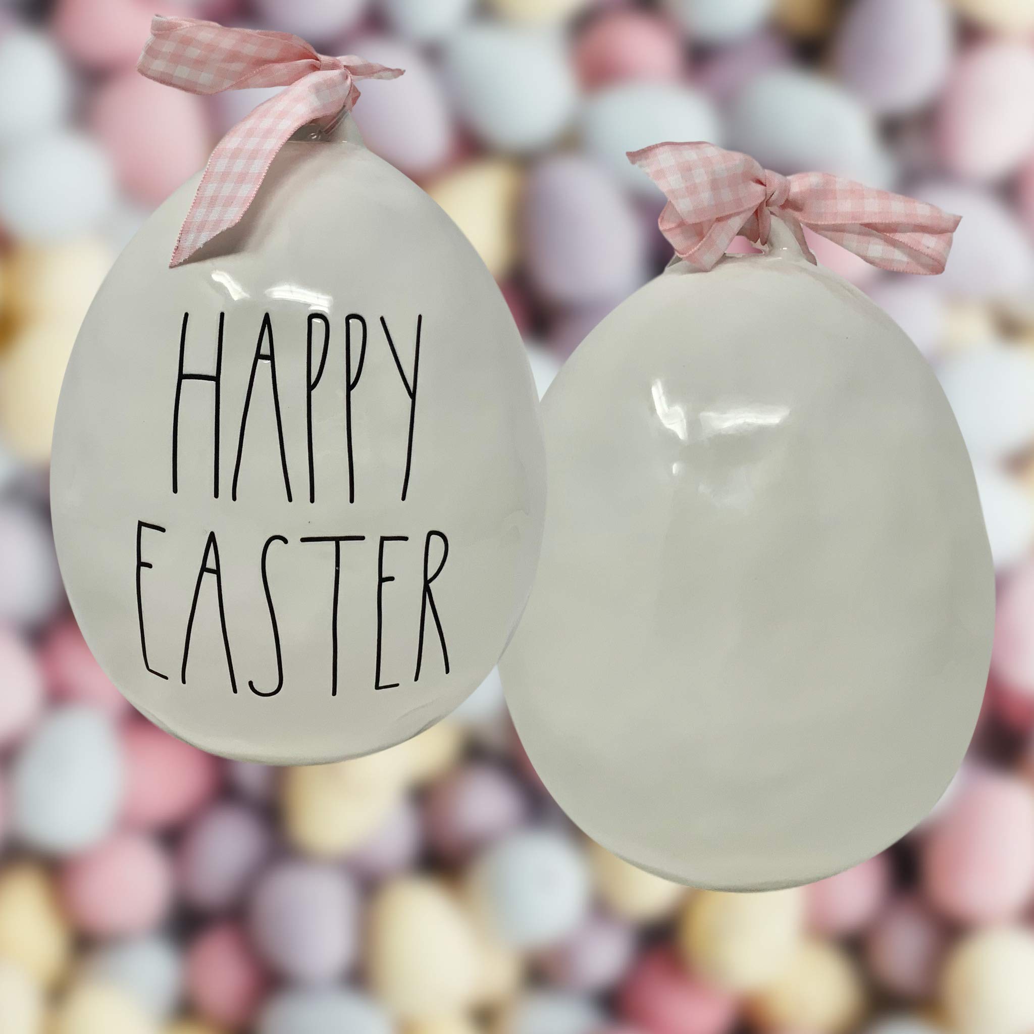 Rae Dunn Large White Easter Egg - Artisan Collection by Magenta - Happy Easter in Bold Black Lettering - Perfect for Easter Home Decor, Table Centerpieces, and Spring Holiday Celebrations (Ribbon Style May Vary)