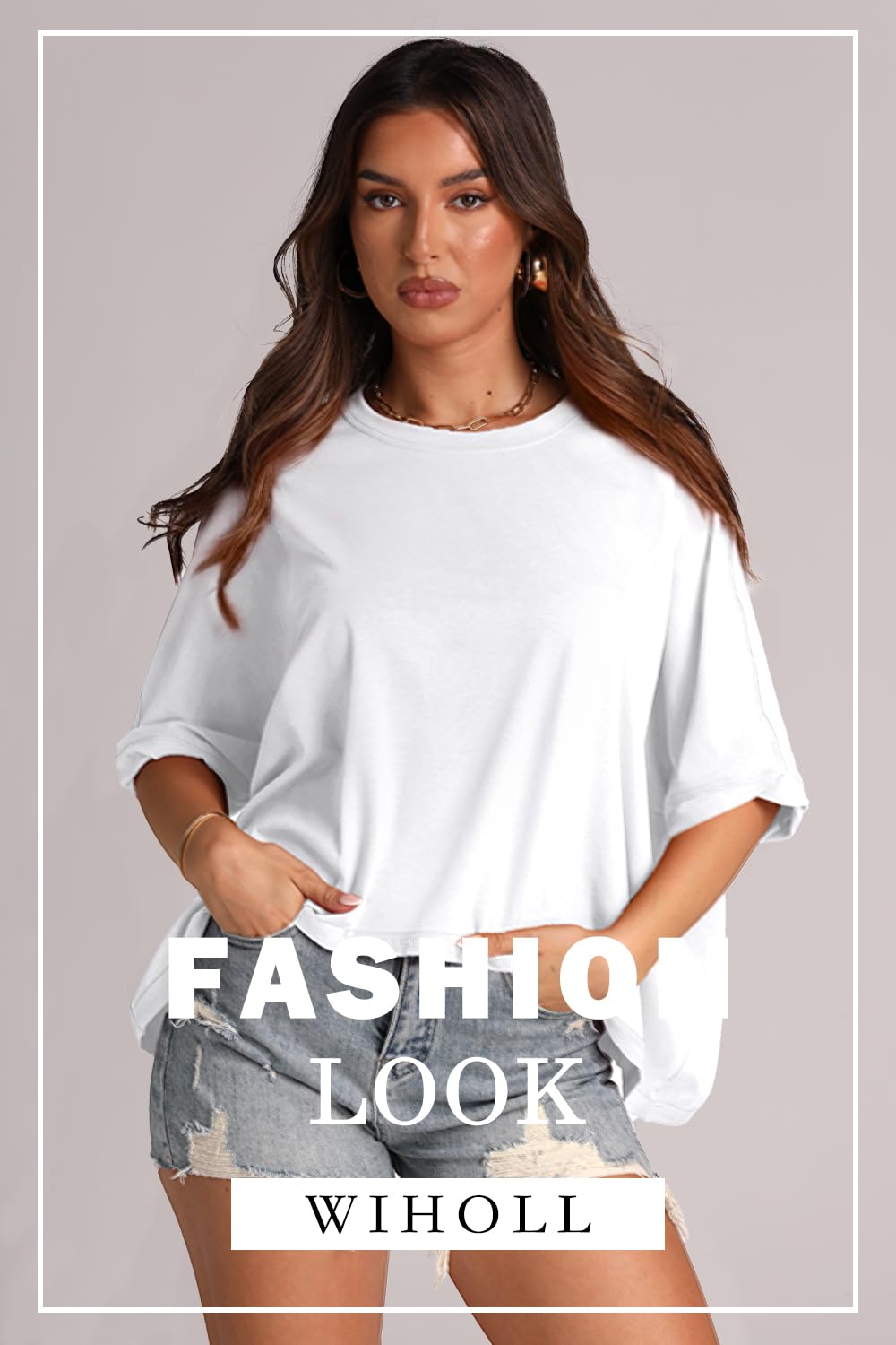 WIHOLL Women's Oversized Crop Tops - Short Sleeve Crewneck Casual T-Shirts for Summer | Perfect for Beach Outfits, Streetwear & Everyday Comfort