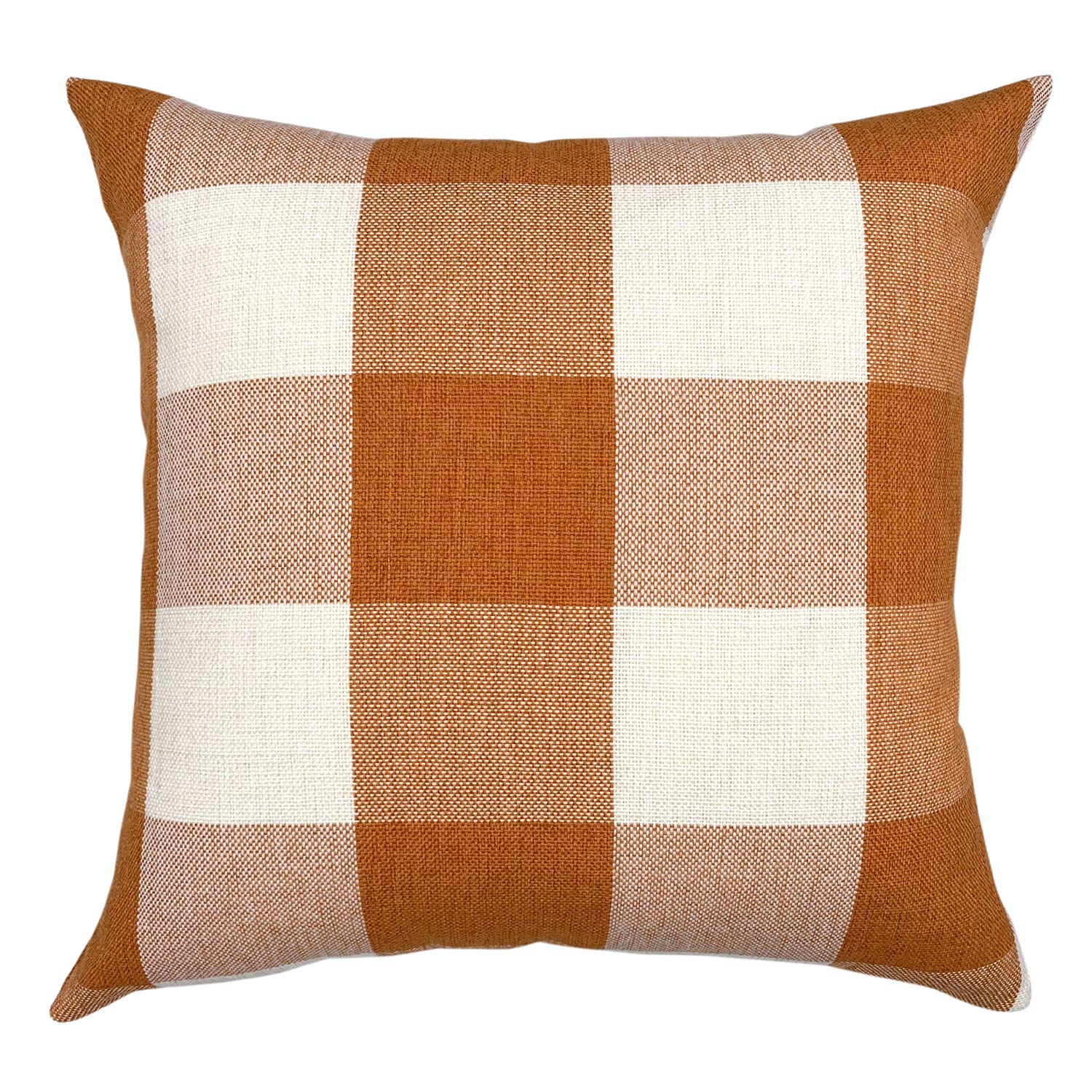 Retro Farmhouse Buffalo Plaid Cotton Linen Throw Pillow Cover 18x18 Inch - Orange & White Checkered Cushion Case for Sofa, Bed, Living Room Decor | Vintage Tartan Home Accent