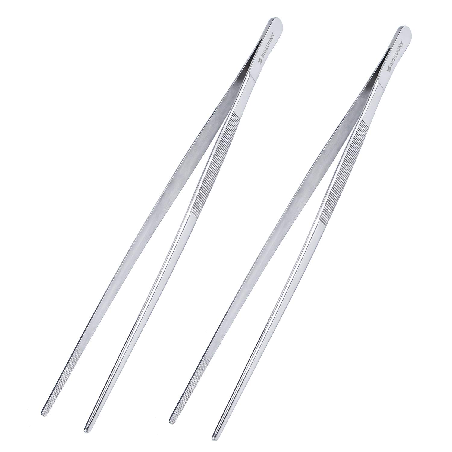 MSY BIGSUNNY Set of 2 Stainless Steel Kitchen Tweezers - 12 Inch Extra-Long Straight Tongs with Precision Serrated Tips for Cooking, Grilling, Sushi Making & Food Plating | Professional Chef Tools for Fine Dining & Home Kitchens