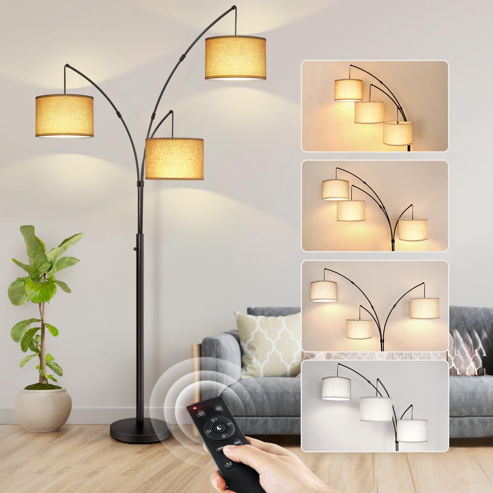 OUTON Arc LED Floor Lamp with Remote Control - Dimmable Modern Black 3-Light Arched Tall Standing Lamp | Adjustable Mid-Century Design for Bedroom, Office & Living Room | Beige Lampshade | Perfect for Reading, Working & Creating Ambient Lighting