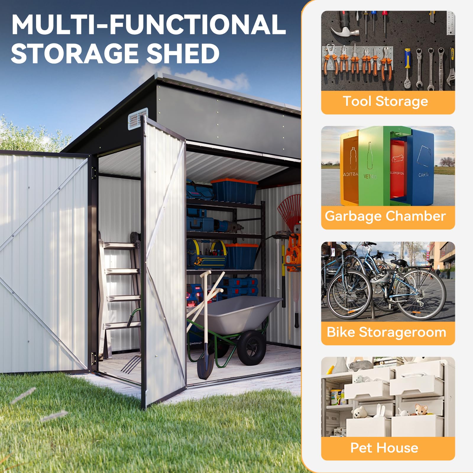 Aoxun 7.5'x5.5' Outdoor Metal Storage Shed with Triple Lockable Doors & Sloping Roof - Heavy Duty Garden Shed for Tools, Bikes, Lawn Equipment - Perfect for Backyard, Patio, Courtyard & Garage Storage