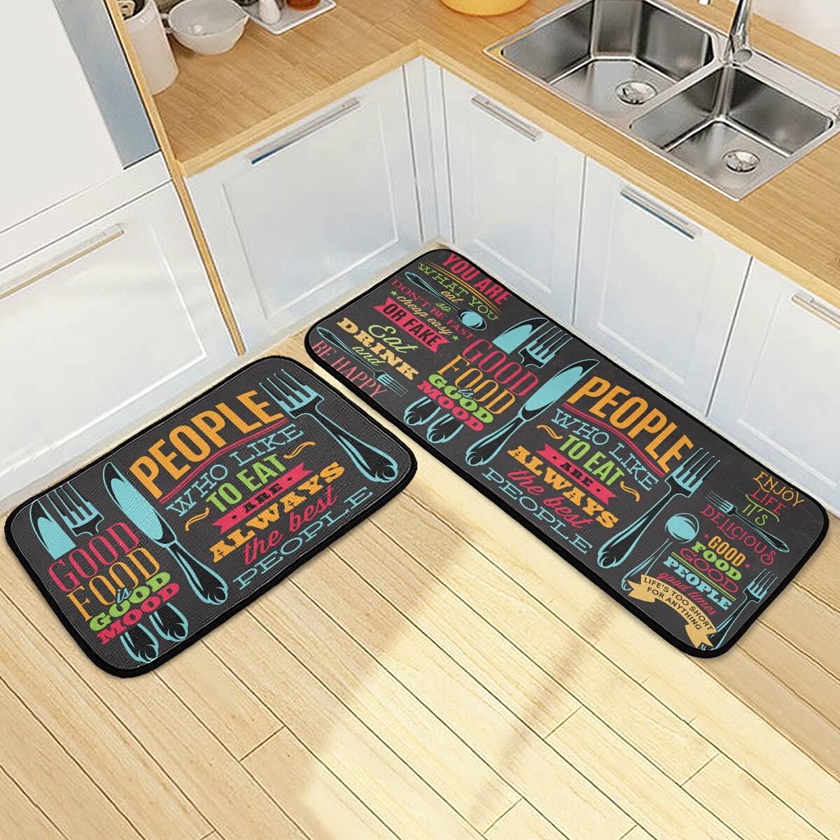 Premium Non-Slip Kitchen Rugs Set of 2 - Washable Black Floor Mats for Kitchen, Sink Area, Laundry & Office - Anti-Fatigue Comfort for Standing Work