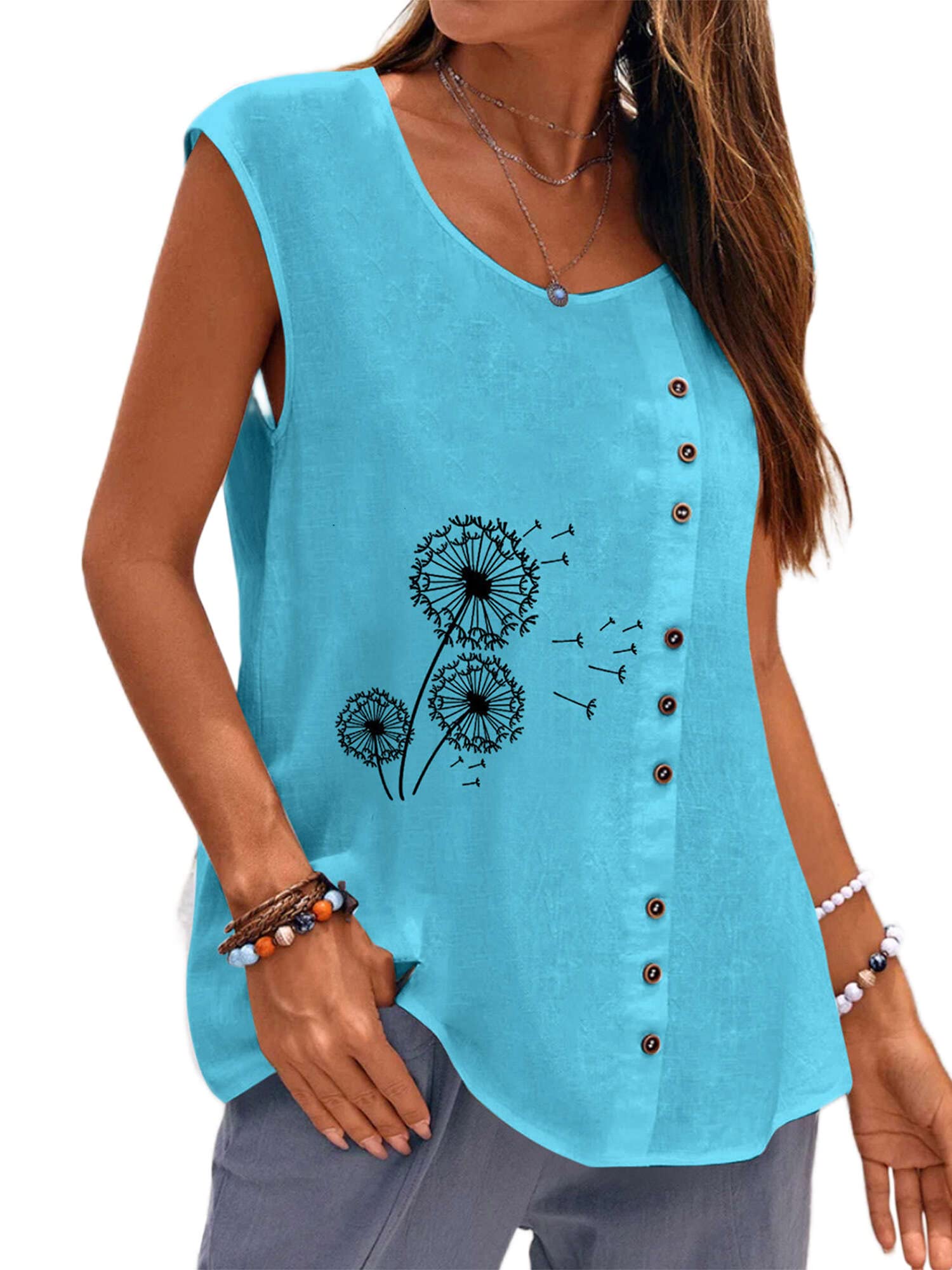 Sexy Dance Women Tank Tops Boho Crew Neck Summer Tee - Light Blue 3XL Casual Daily Wear Vacation Beach Party Fashion Top