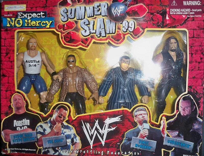 1999 WWF Jakks Pacific SummerSlam '99 Expect No Mercy Action Figure Box Set - Stone Cold Steve Austin, The Rock, Vince McMahon & Undertaker Collectible Wrestling Toys [Exclusive Limited Edition] - Perfect for WWE Memorabilia Collection and Wrestling Fan Gifts