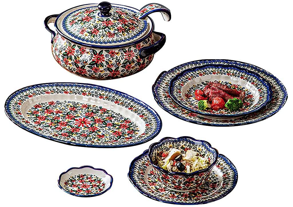 Exotic Red Daisy Ceramic Dinnerware Set - 6 Piece Floral Edge Plates, Bowls & Pot for Family Dining | Elegant Tableware for Parties, Holidays & Everyday Use
