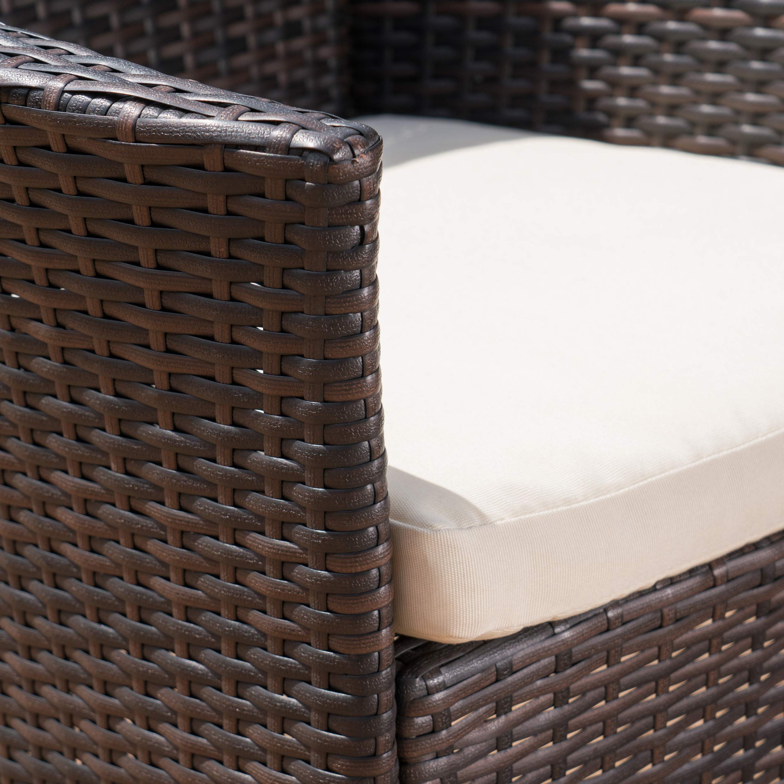 Christopher Knight Home Chadney 9-Piece Outdoor Wicker Square Dining Set with Water Resistant Cushions - Multibrown & Crème Cushions for Patio, Garden, or Poolside Dining