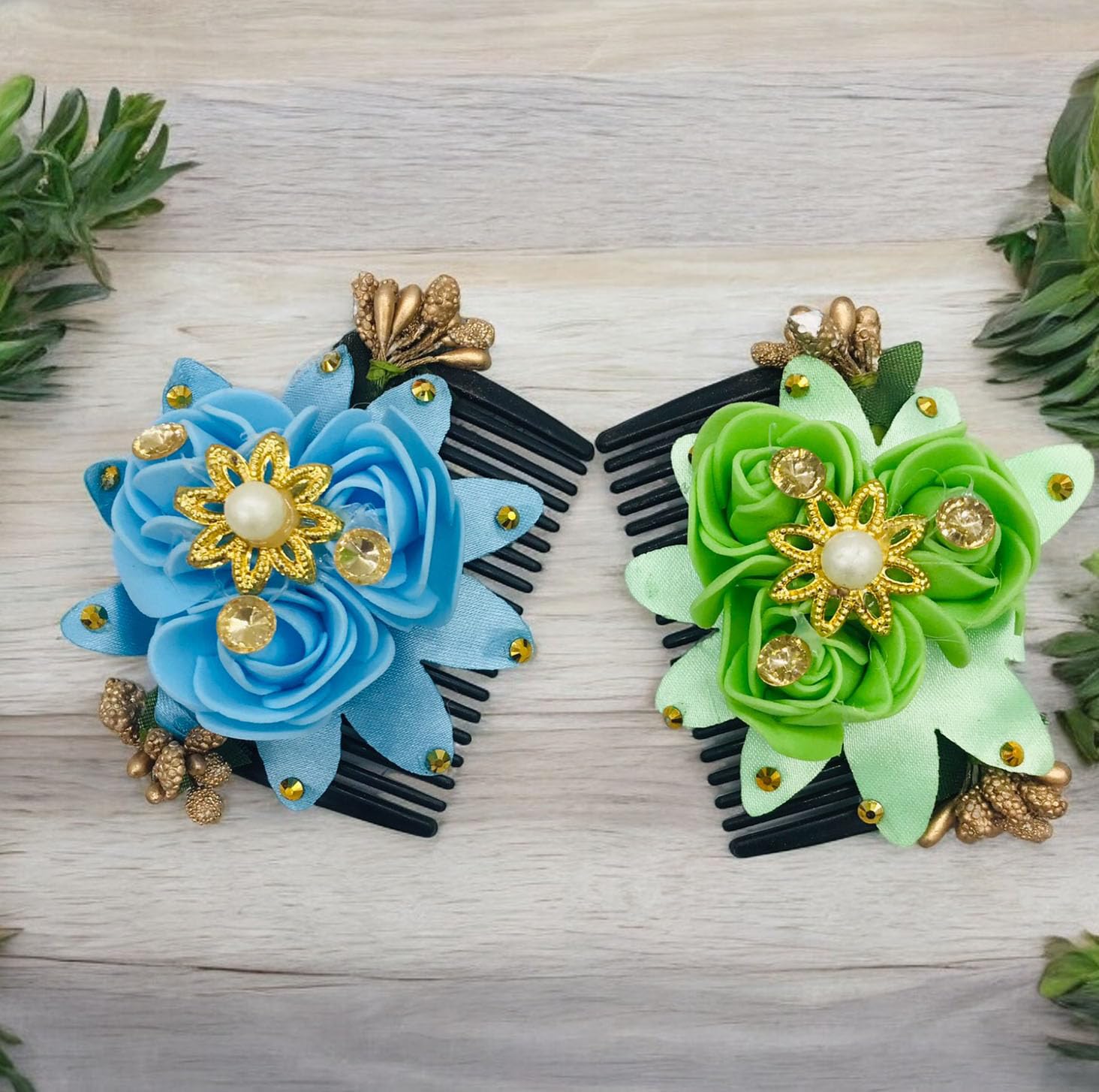 Gadinfashion™ Artificial Flower Juda Comb - Elegant Side Hair Comb for Women & Girls, Perfect Wedding & Party Hair Accessories (Pack of 2) - Great for Bridal Hairstyles, Prom, Special Occasions & Everyday Wear
