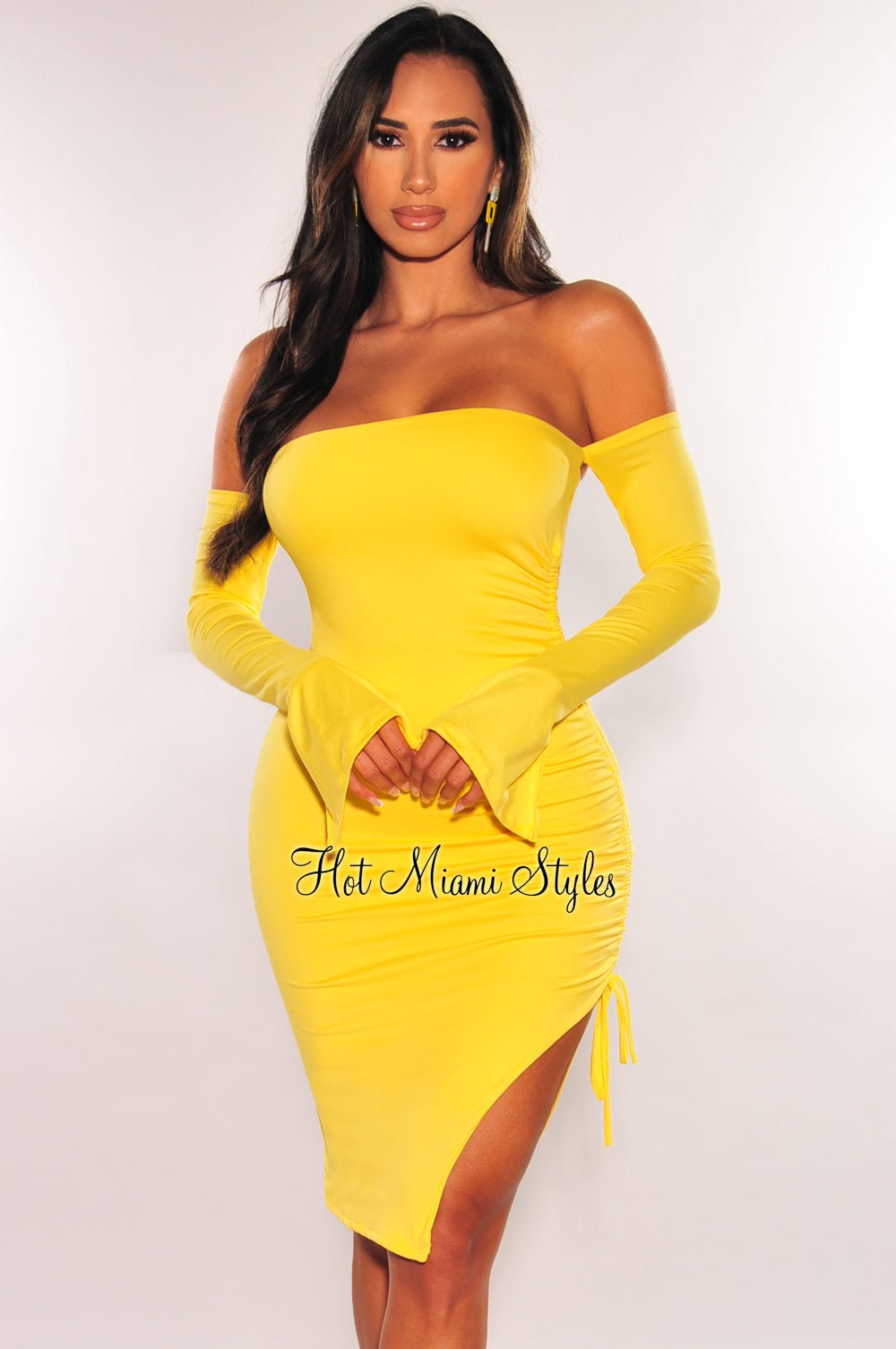 Elegant Yellow Off-Shoulder Long Sleeve Ruched Slit Dress for Women | Party, Cocktail, Evening Gown | Perfect for Date Night & Special Occasions