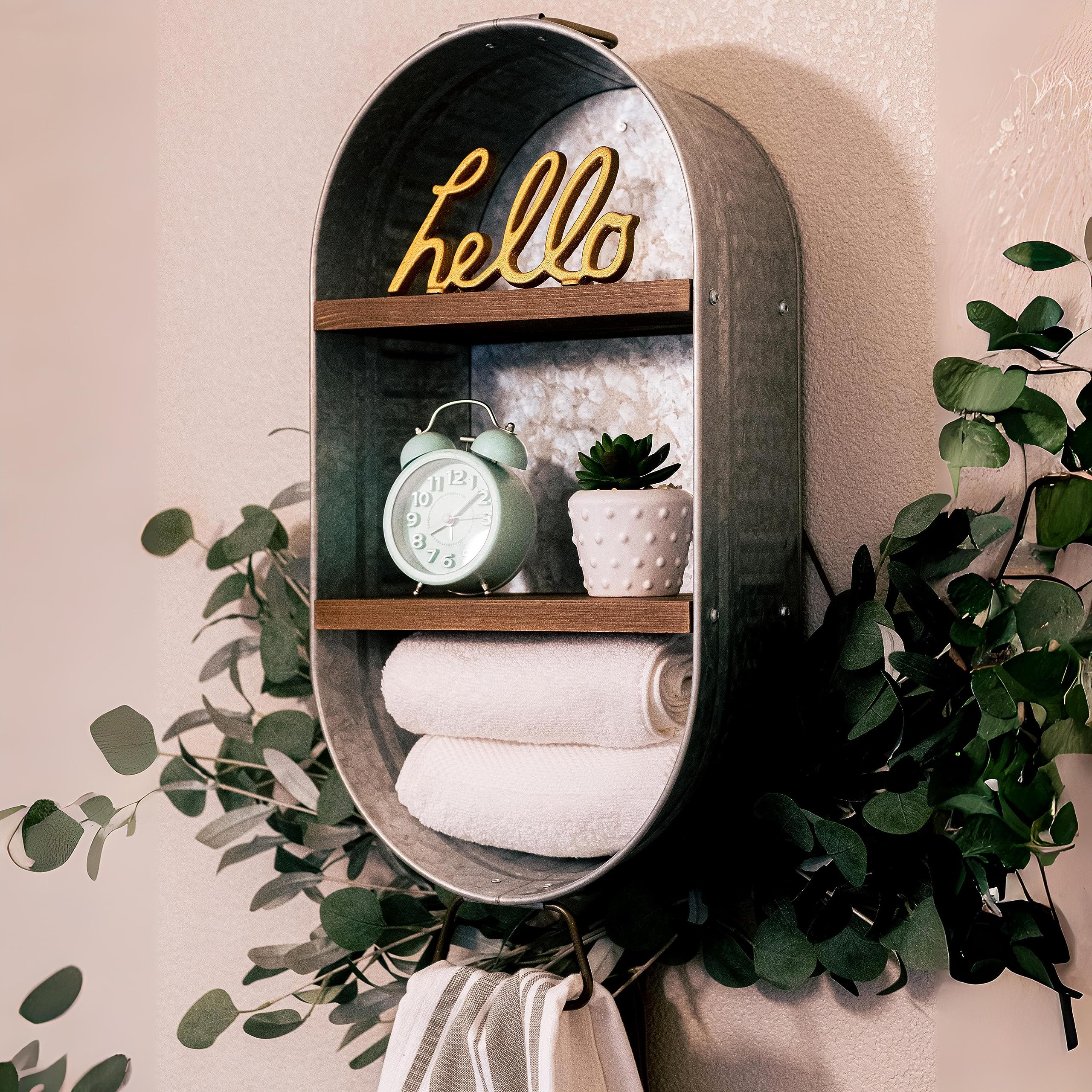 Galvanized Metal Wash Tub with Shelves - Rustic Farmhouse Bathroom Decor - Towel Storage Organizer - Wall Mounted Shelf for Bathroom, Laundry Room & Farmhouse Style Home Décor