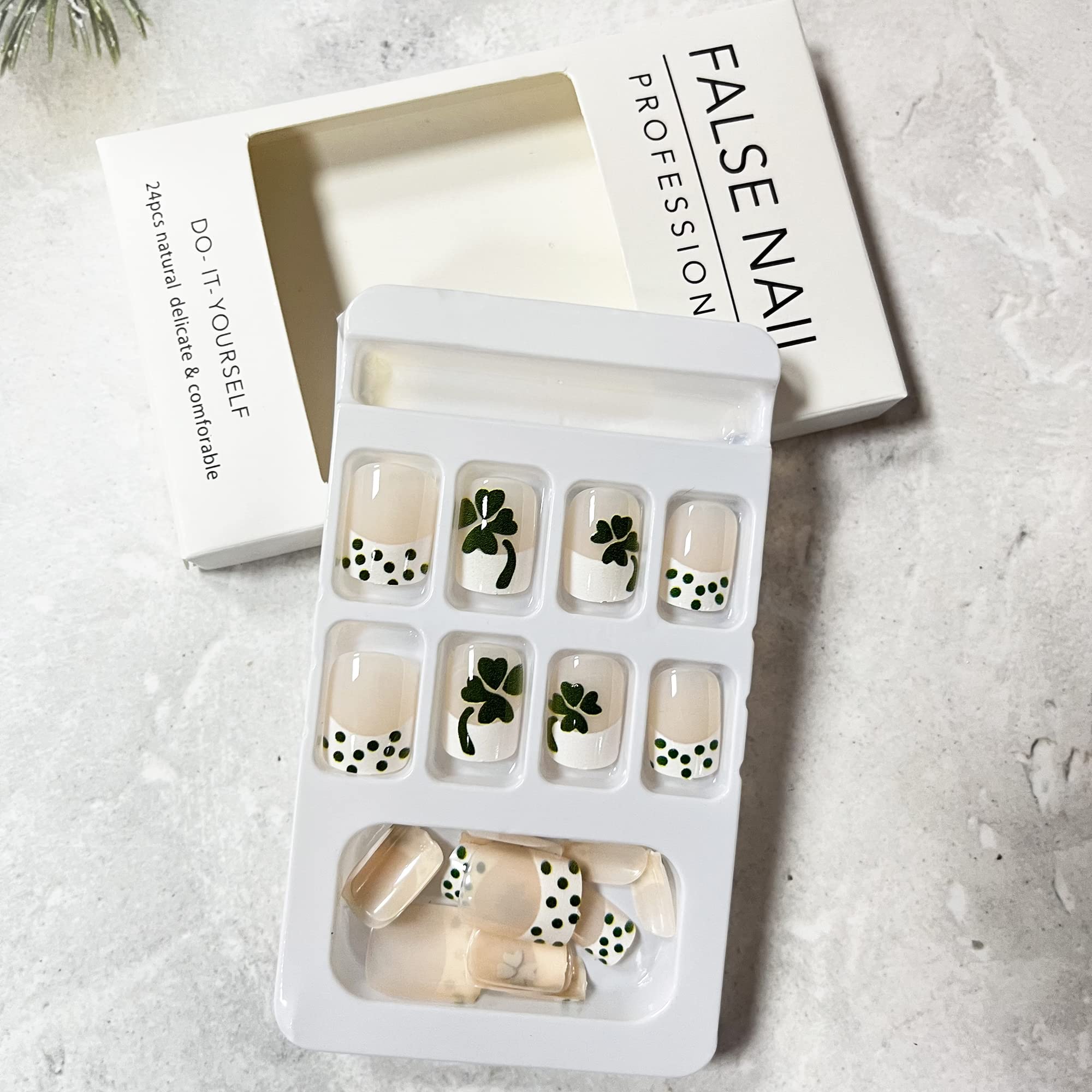 St. Patrick's Day Press on Nails - Short French Tip Fake Nails with Shamrock Designs | Green Acrylic Artificial Nails for Women & Girls | Perfect for St. Patrick's Day Parties, Nail Art Decorations & March 17th Celebrations