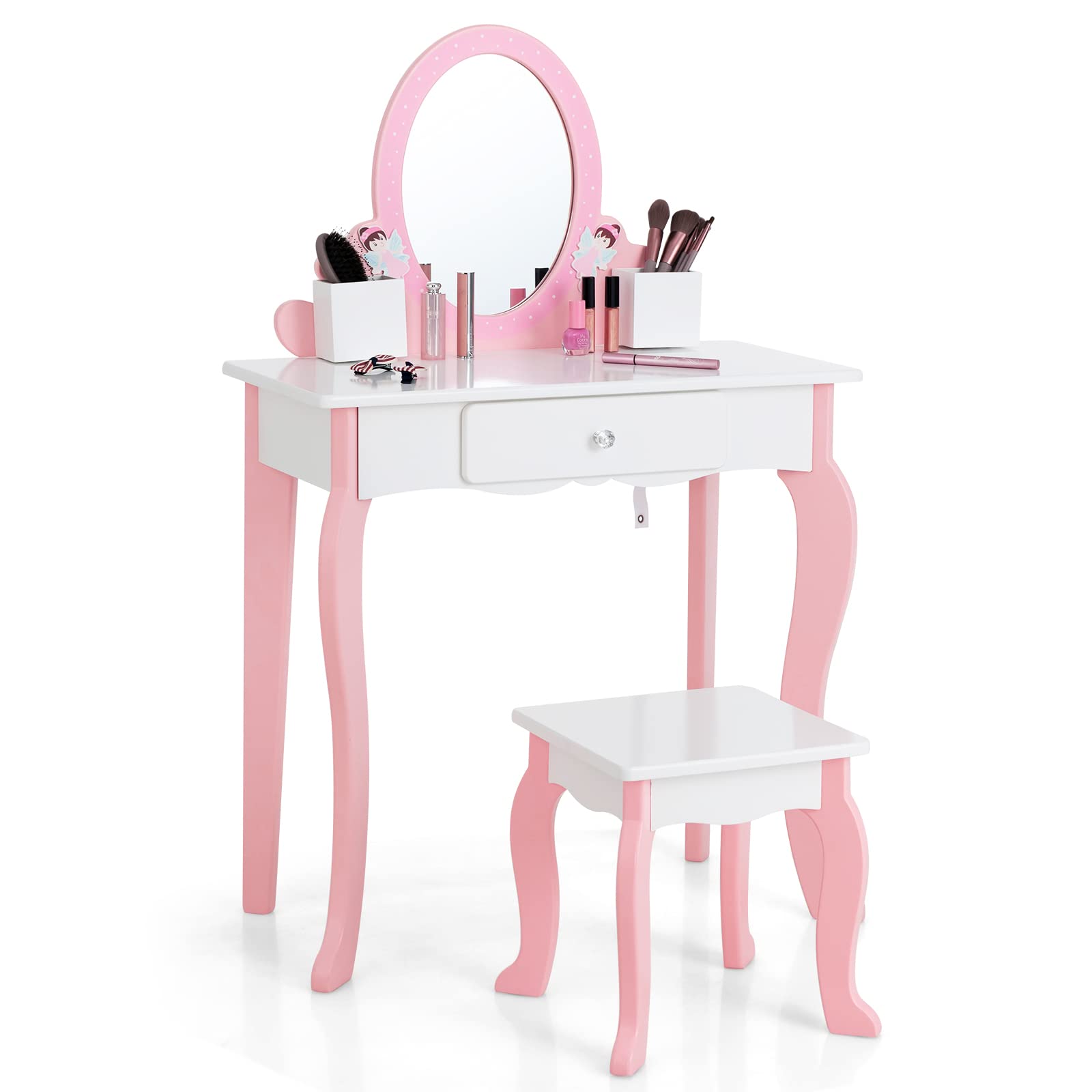 INFANS Kids Vanity Set with Mirror - 2-in-1 Wooden Princess Makeup Dressing Table with Stool & Drawer, Detachable Top - Pretend Play Toy for Little Girls | Perfect for Birthday Gifts, Bedroom Decor & Role Play Activities
