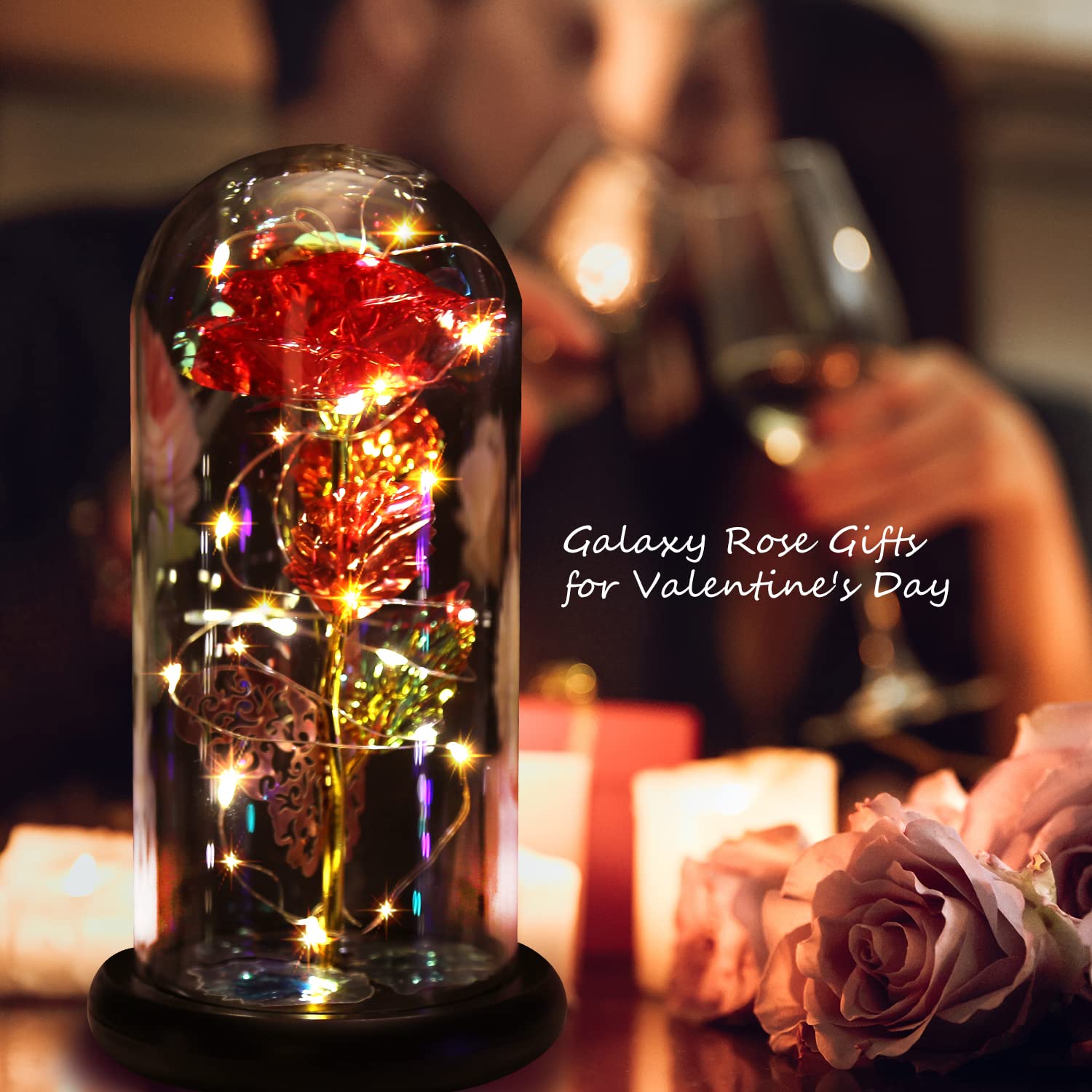 Forever Glass Rose Gift for Women - Light Up Galaxy Rose Artificial Flower (Red) | Beauty and The Beast Inspired Birthday, Anniversary & Wedding Gifts for Mom, Wife, Daughter | Romantic Home Decor, Valentine's Day Present, Special Occasion Keepsake