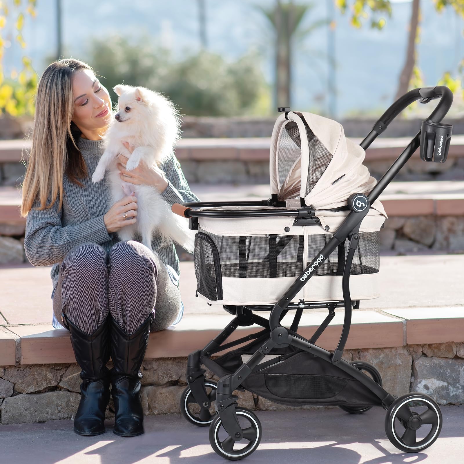 T3 3-in-1 Small Pet Stroller for Dogs & Cats - Lightweight 4-Wheel Travel Carrier with Removable Pad, Canopy & Cup Holder - Beige | Perfect for Vet Visits, Park Walks & Shopping Trips