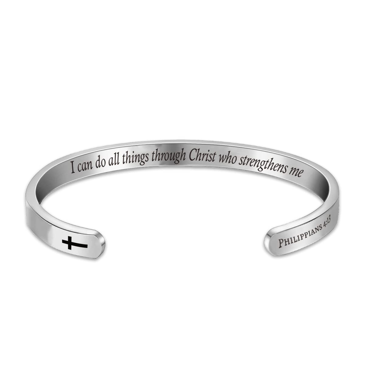Q&Locket Cross Inspirational Christian Bracelet for Women & Men - Personalized Engraved Religious Holy Bible Verse Name Cuff Bangle - Stainless Steel Mantra Jewelry Gift for Baptism, Confirmation & Daily Faith Wear