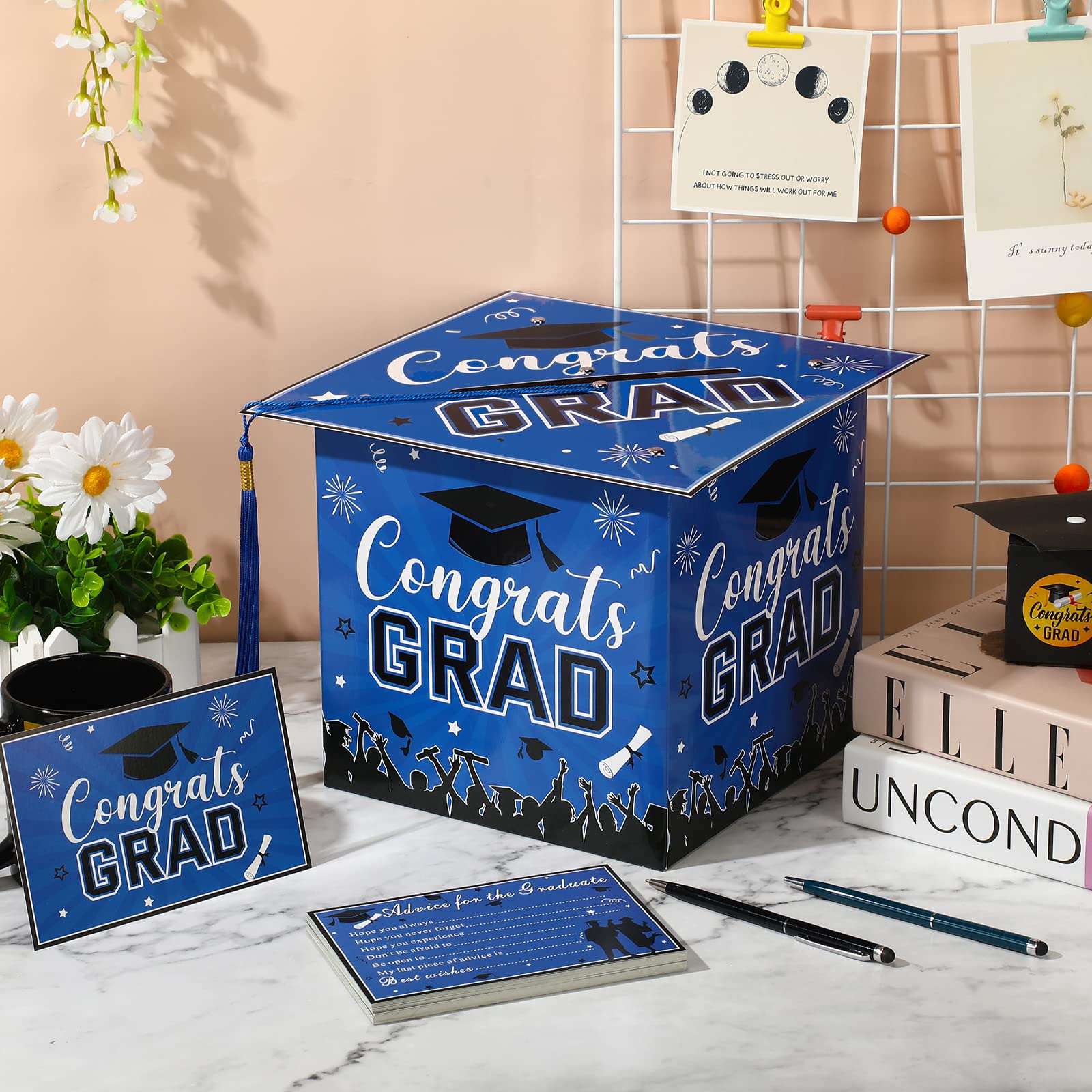 Yisong 2025 Graduation Card Box with 30 Advice Wishes Cards - Congrats Grad Cap Keepsake Box with Real Tassel - Perfect for Class of 2025 Graduation Party Decorations & Gift Giving (Blue)