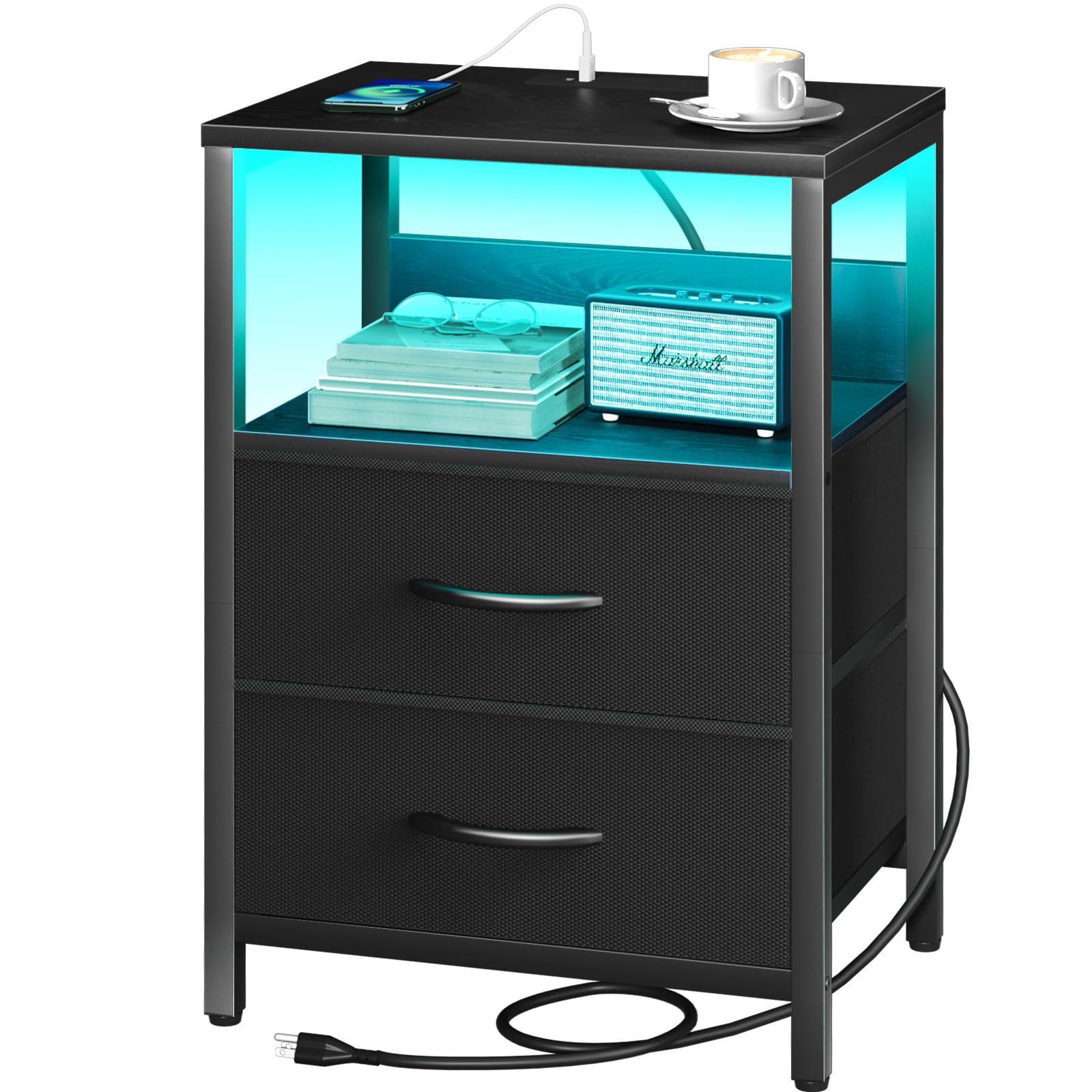 Yoobure Nightstand with Charging Station - LED Bedside Table with USB Ports & Outlets, Fabric Drawers & Storage Shelf - Small Night Stand for Bedroom | Perfect for Phone Charging, Reading Light & Bedside Storage