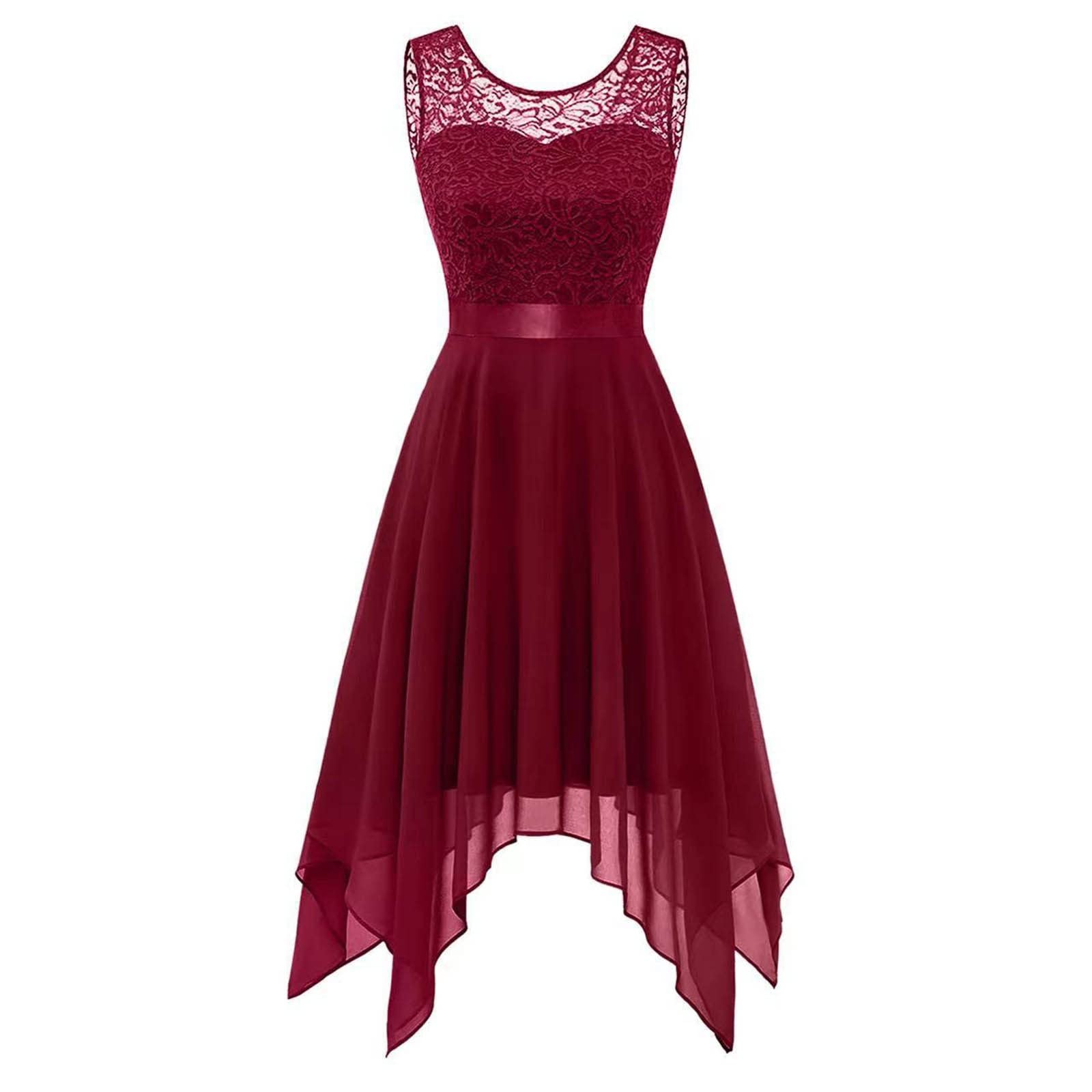 BmkBWO Women's Sexy Floral Lace Cocktail Dress - Sleeveless Crew Neck Asymmetrical Hem Wedding Guest Dress for Parties, Bridal Showers & Special Occasions