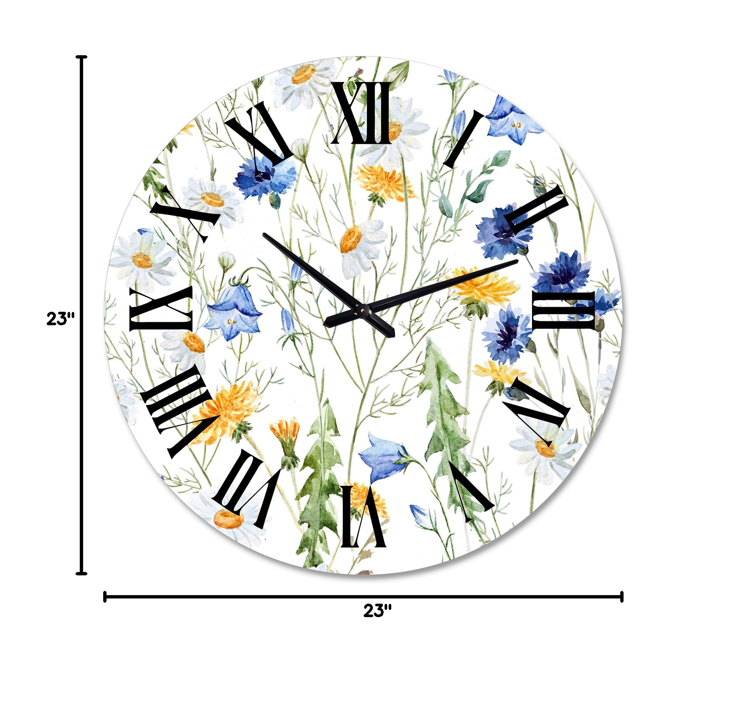 Wildflowers Chamomile and Clover Bell II - Large Traditional Wall Clock with Floral & Botanical Design for Bedroom, Living Room, and Office Decor | Silent Non-Ticking Mechanism