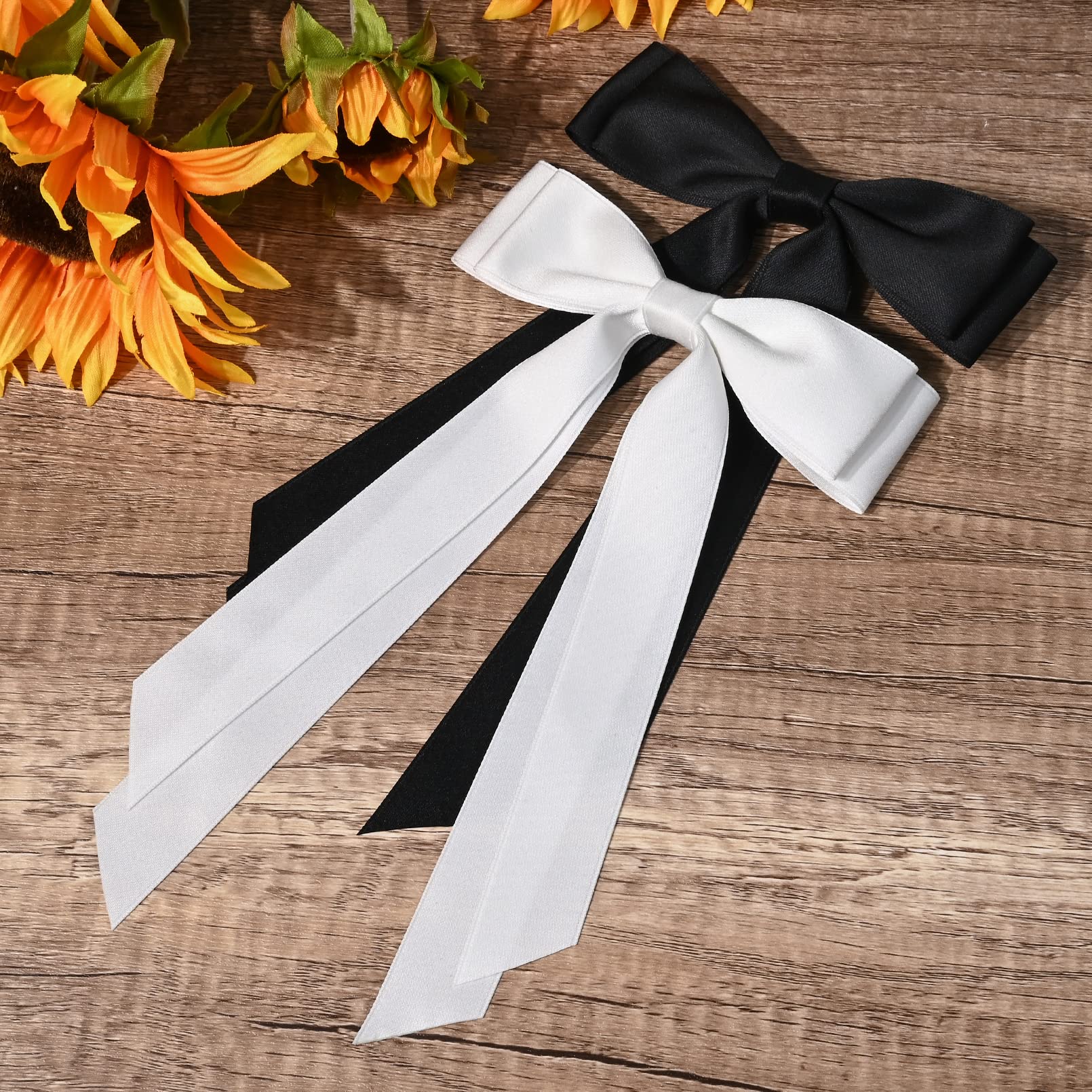 2PCS Silky Satin Hair Bows - Black & White Hair Clips with Metal Slides | Ponytail Holder Ribbon Accessories for Women, Girls, Toddlers & Teens | Perfect for School, Parties, Weddings & Everyday Wear