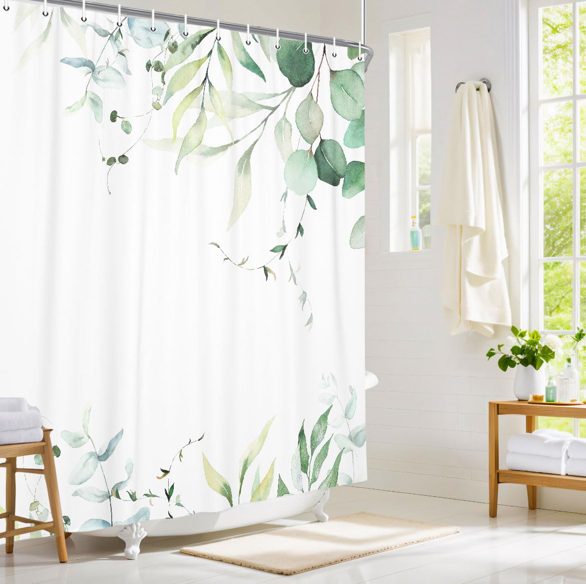 Mint Green Watercolor Leaves Shower Curtain - Botanical Eucalyptus Design Modern Bathroom Decor - 60x72 Inch Fabric Shower Curtain Set with Hooks - Perfect for Spa-Like Bathrooms, Guest Baths & Boho Home Decor