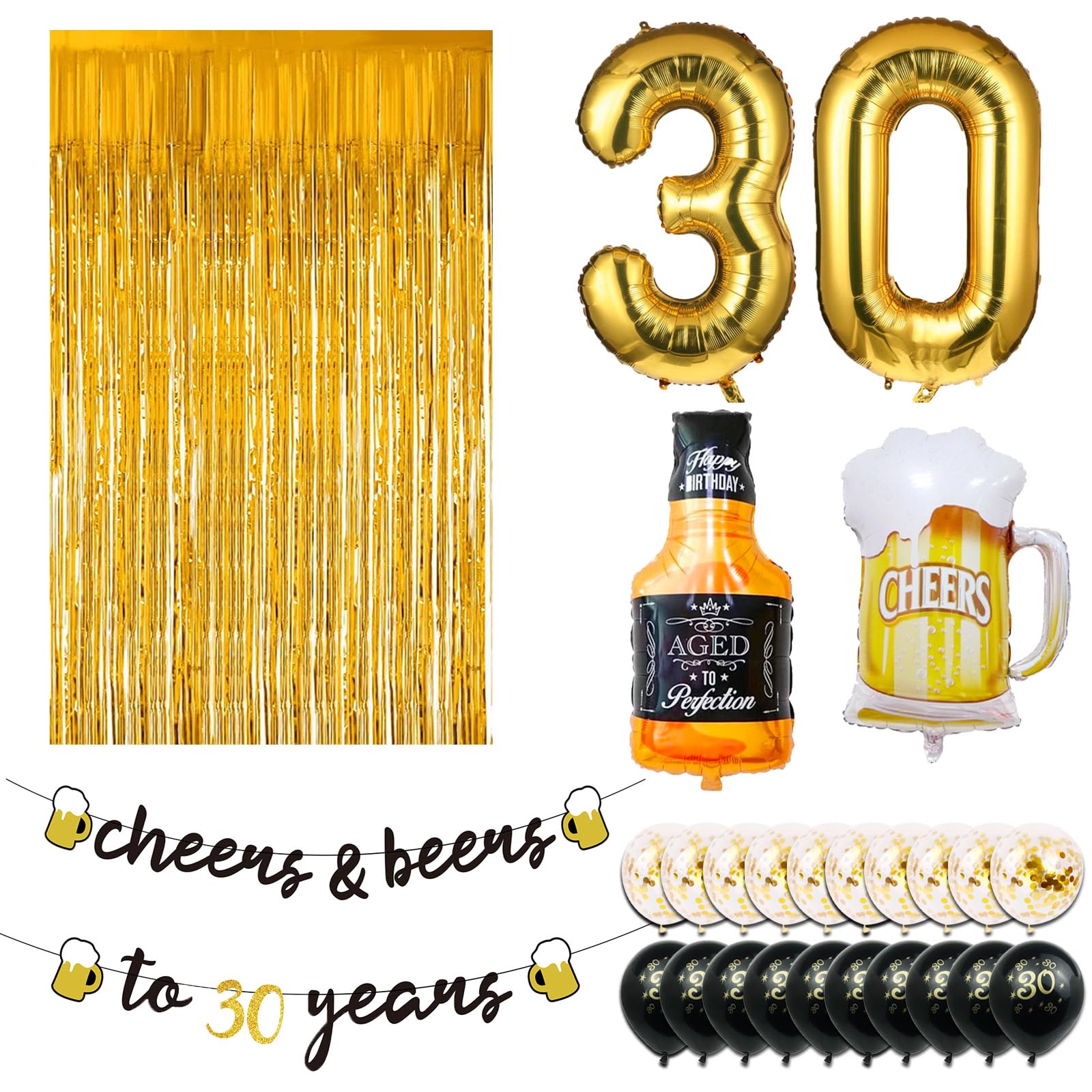 30th Birthday Party Decorations for Men - 40 Inch Gold Number 30 Balloons, Cheers to 30 Years Banner, Fringe Curtains & Foil Cups - Perfect for 30th Birthday Celebrations, Milestone Parties & Surprise Decor