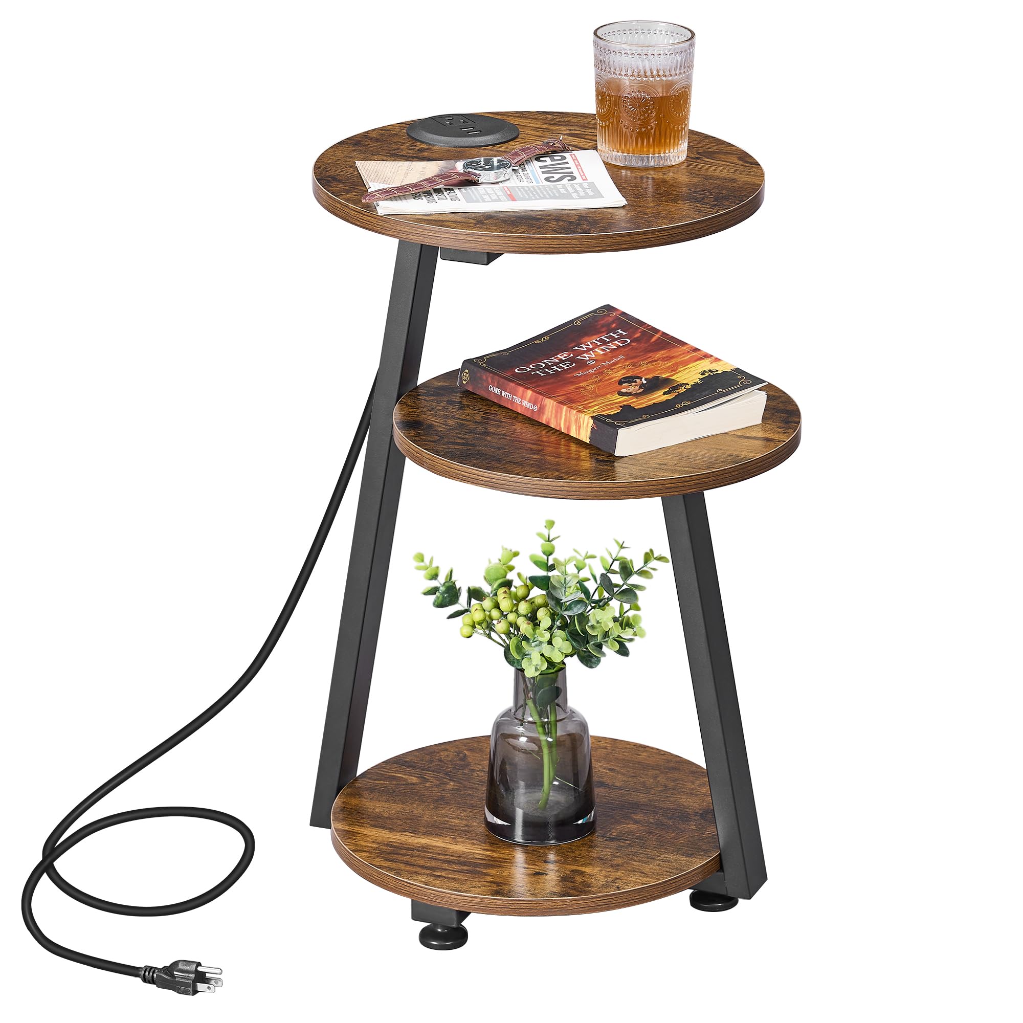 BEWISHOME Round End Table with Charging Station - 3-Tier Shelves Accent Side Table, Nightstand for Bedroom, Living Room, Office - Rustic Brown Small Coffee Table for Home Decor & Convenient Charging