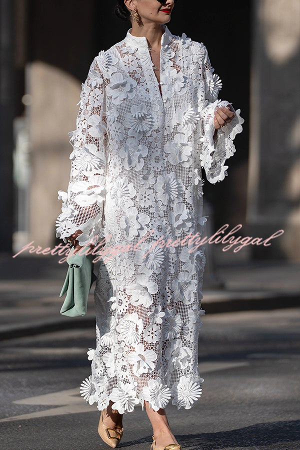 Elegant Solid Color Hollow Embroidery Loose Long Sleeve Midi Dress for Women - Perfect for Casual Outings, Date Nights & Summer Vacations