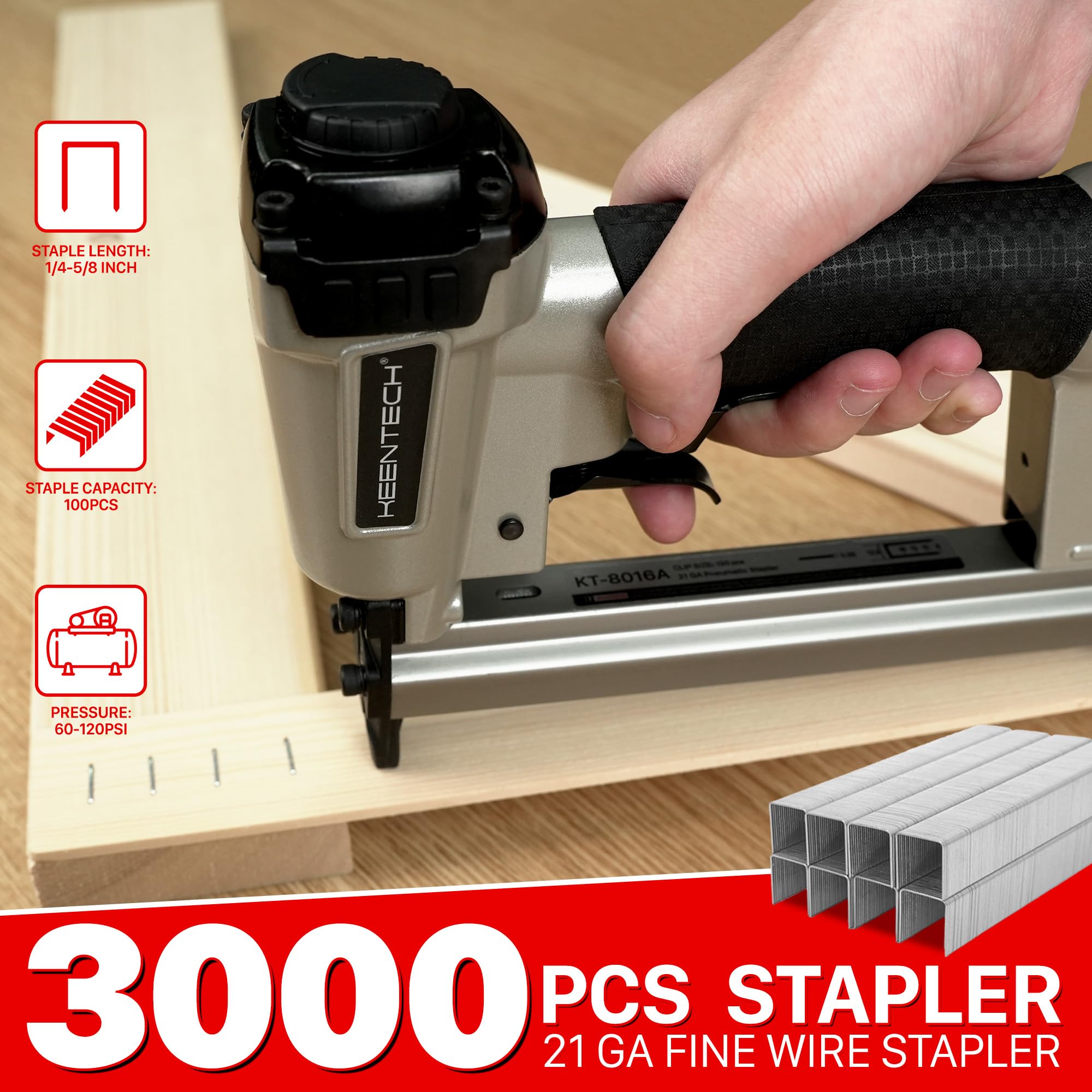 KEENTECH 21 Gauge Pneumatic Staple Gun - Air Upholstery Stapler with 3000pcs 1/2