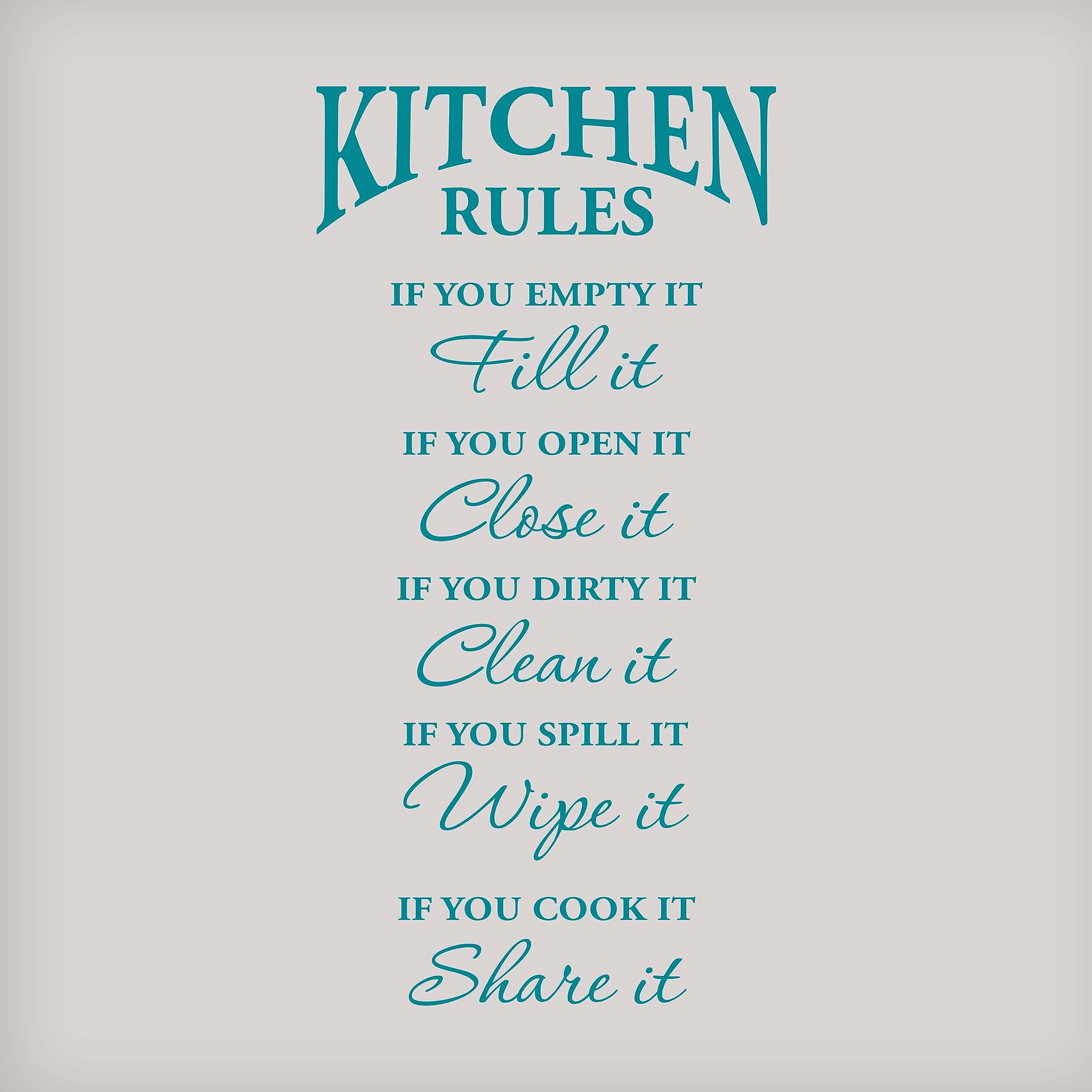 Kitchen Rules Wall Decal Sticker - Vinyl Wall Art for Home Decor - Motivational Kitchen Quotes - Perfect for Farmhouse, Modern & Rustic Kitchens - Teal Color