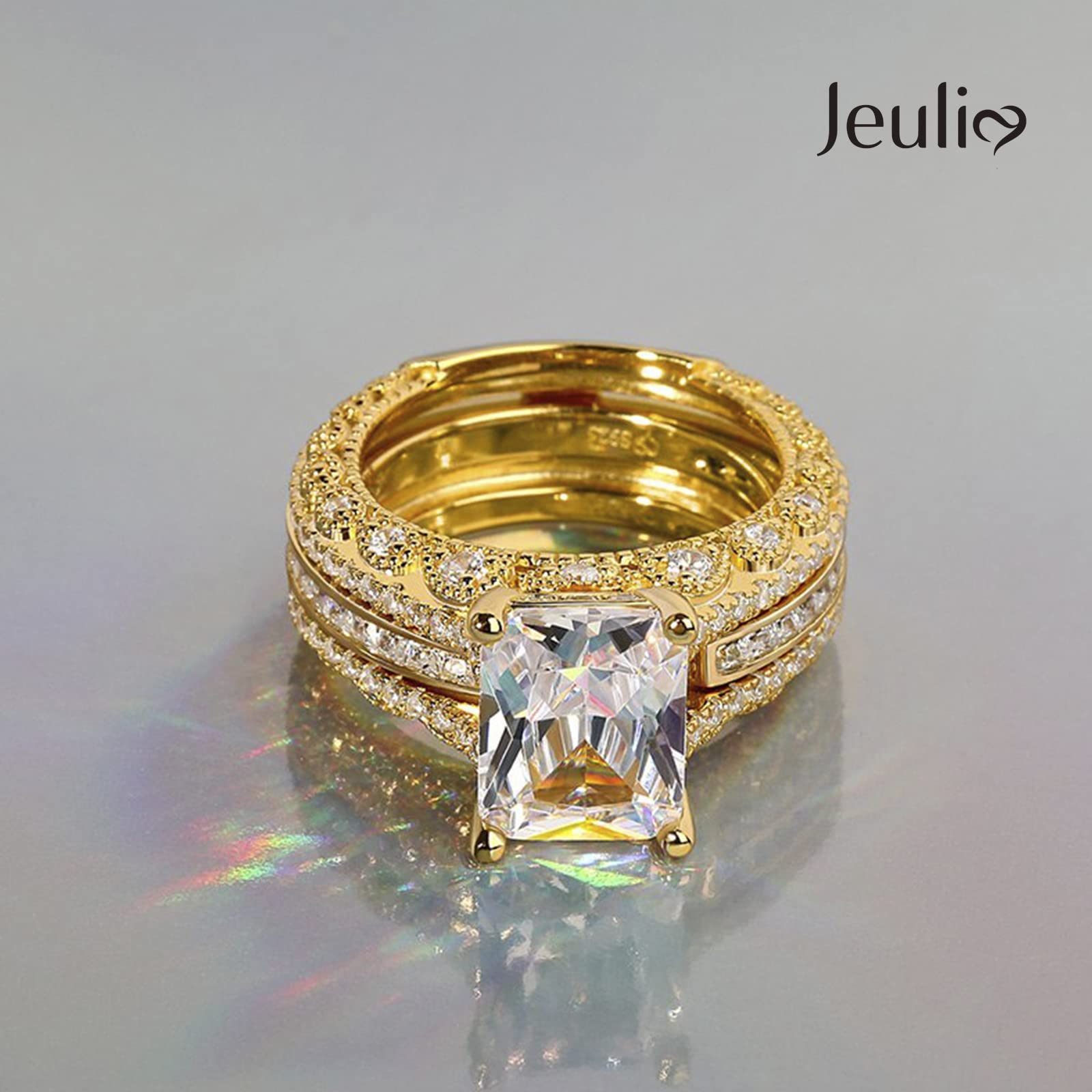 Jeulia 3PC CZ Diamond Engagement Ring Set - Radiant Cut Wedding Promise Anniversary Rings with Side Stones, Romantic Jewelry Gift for Her in Gift Box | Perfect for Proposals, Anniversaries & Special Occasions