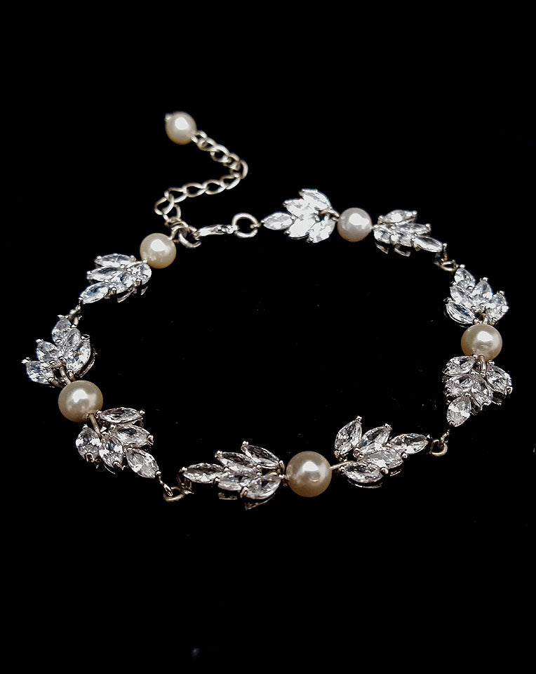 Elegant Stephanie Browne Bridal Bracelet - Boho Pearl & Crystal Leaf Wedding Jewelry for Bridesmaids, Engagement, and Special Occasions